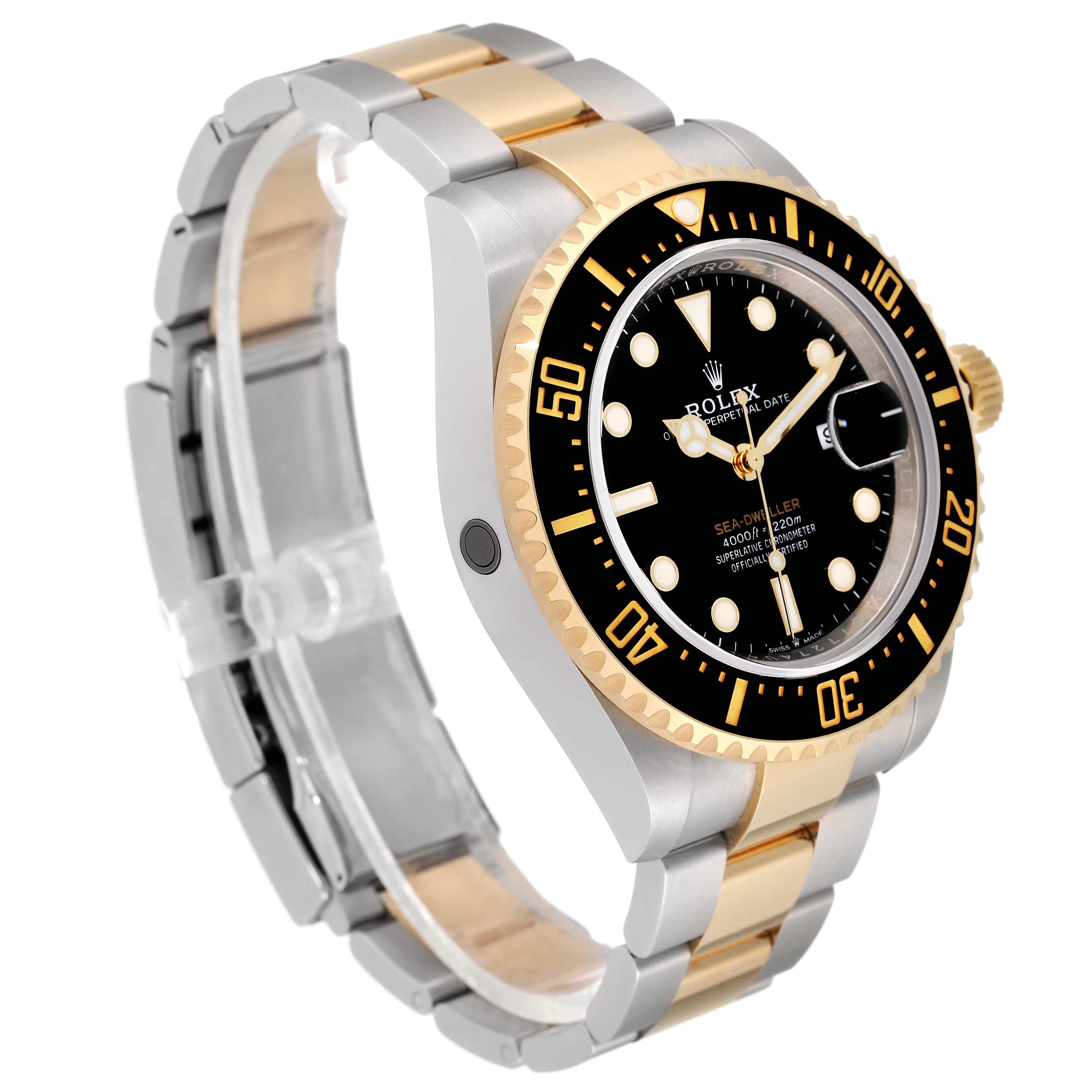 The image shows a Rolex Sea-Dweller 126603 Men's Steel and Gold (two tone) Black Dial 126603 Men's Steel and Gold (two tone) Black Dial watch at a three-quarter angle, highlighting its bracelet, crown, black dial, and bezel.
