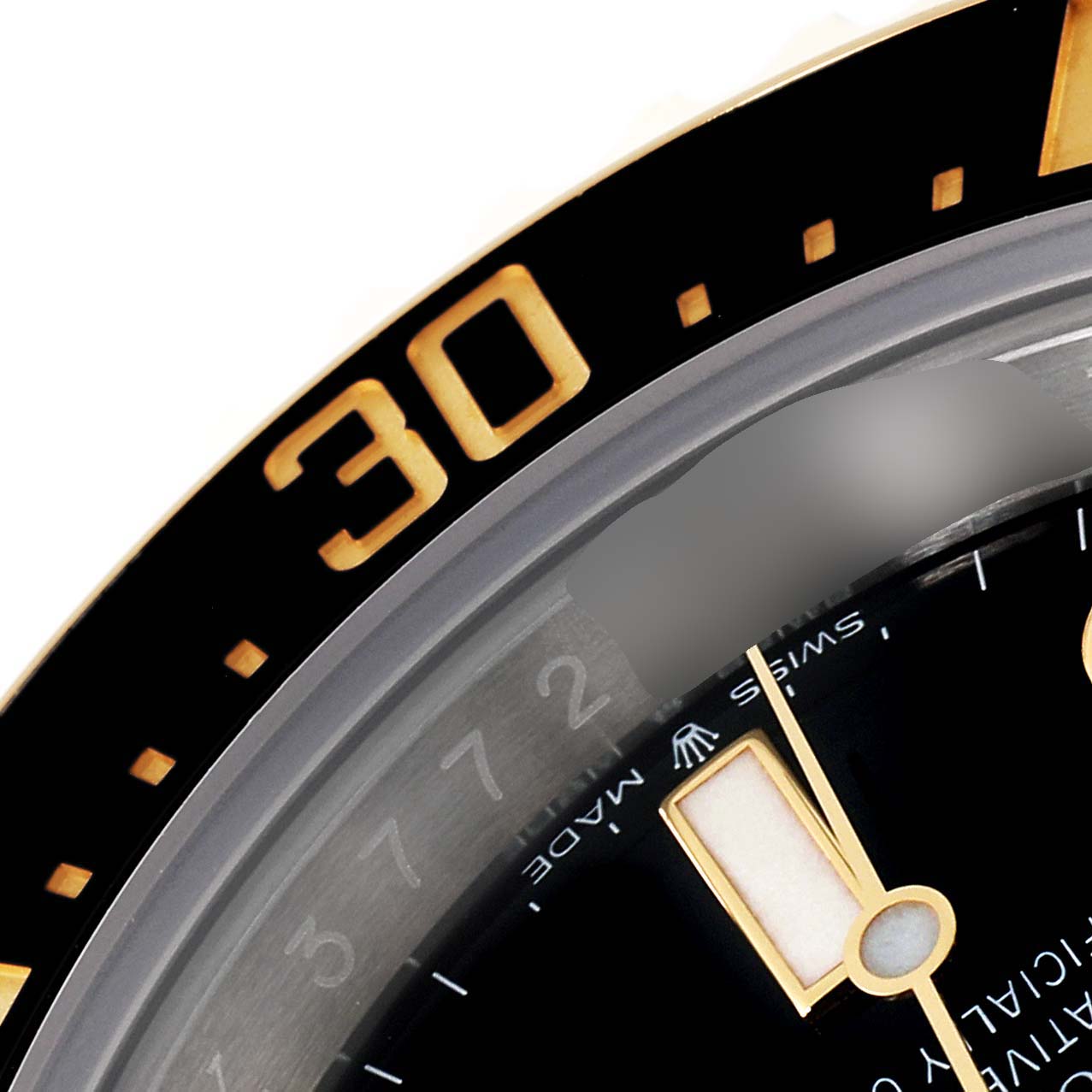 The image shows a close-up of the dial and bezel, specifically the 30-minute mark and hands, of a Rolex Sea-Dweller 126603 Men's Steel and Gold (two tone) Black Dial 126603 Men's Steel and Gold (two tone) Black Dial watch.
