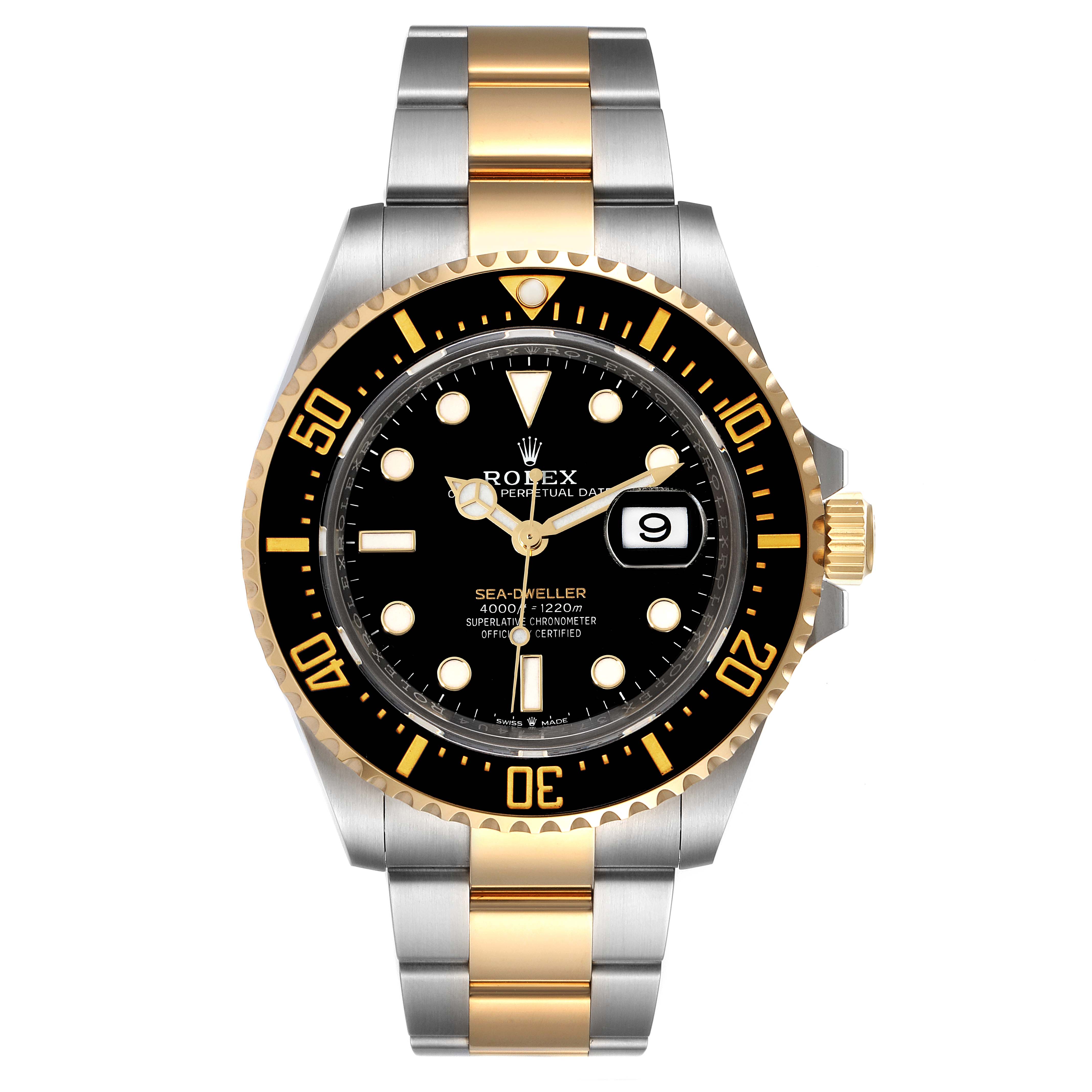 The Rolex Sea-Dweller 126603 Men's Steel and Gold (two tone) Black Dial 126603 Men's Steel and Gold (two tone) Black Dial watch is shown from the front, displaying the dial, bezel, hands, and bracelet.