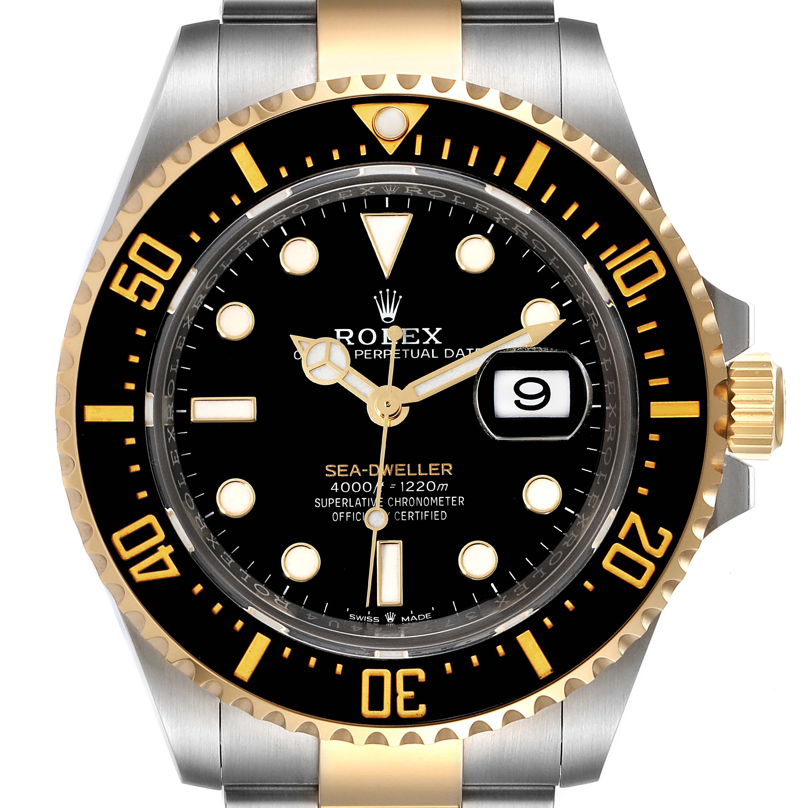 This image shows a front view of the Rolex Sea-Dweller 126603 Men's Steel and Gold (two tone) Black Dial 126603 Men's Steel and Gold (two tone) Black Dial watch, highlighting its bezel, dial, and bracelet.