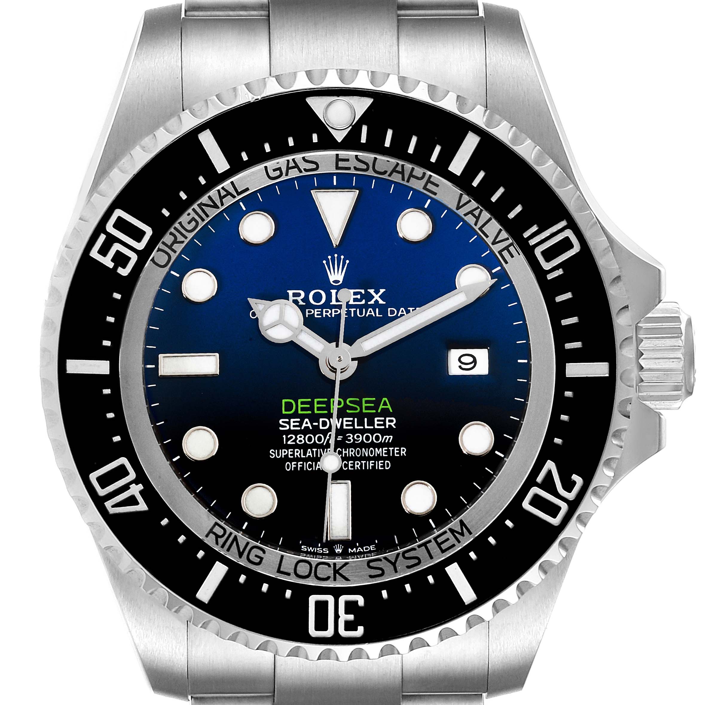 The image shows a front view of a Rolex Sea-Dweller 126660 Men
s Stainless Steel Blue Dial 126660 Men
s Stainless Steel Blue Dial Deepsea watch, highlighting its dial, bezel, and crown.
