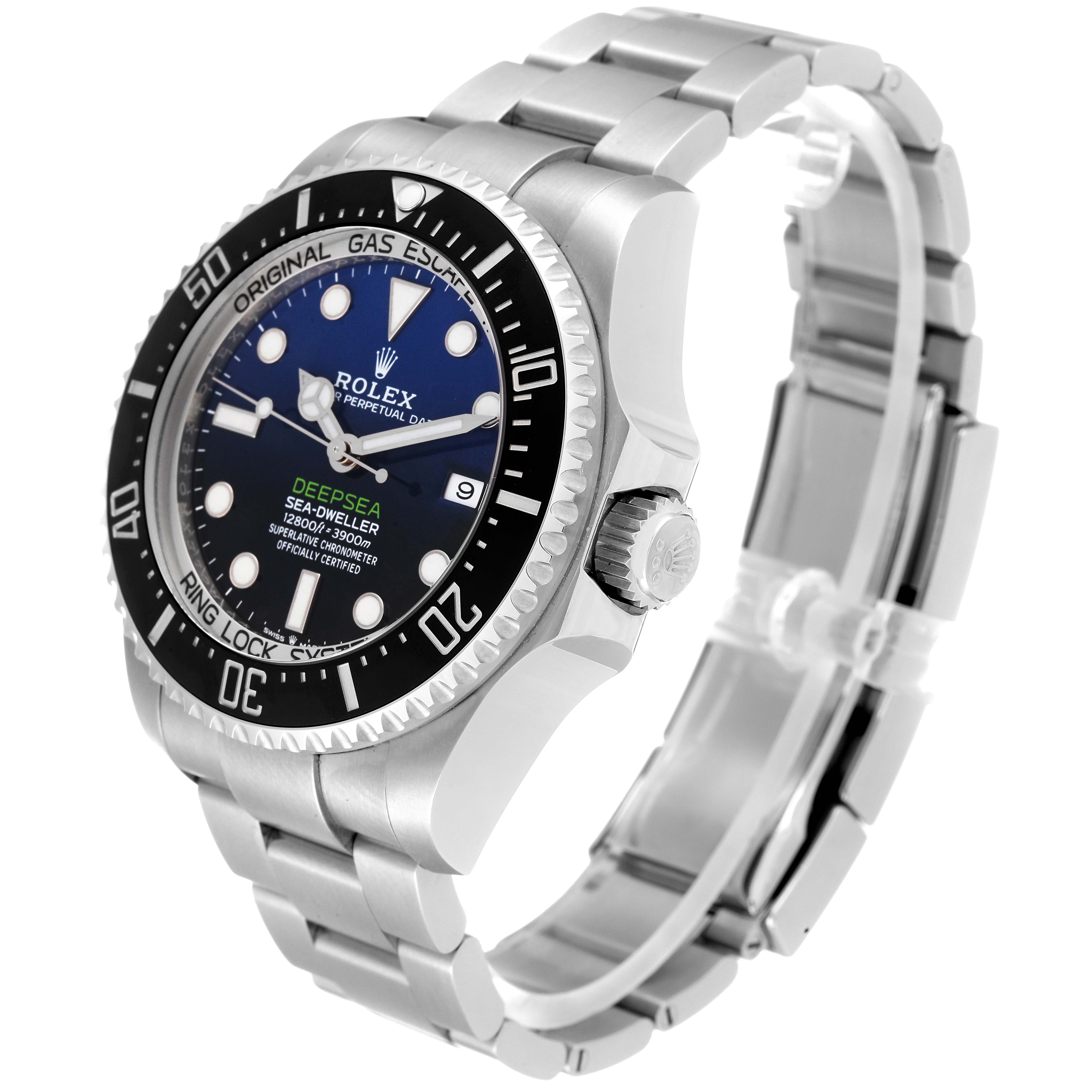 The image shows a Rolex Sea-Dweller 126660 Men
s Stainless Steel Blue Dial 126660 Men
s Stainless Steel Blue Dial watch angled to display the face, bezel, crown, and metal bracelet.