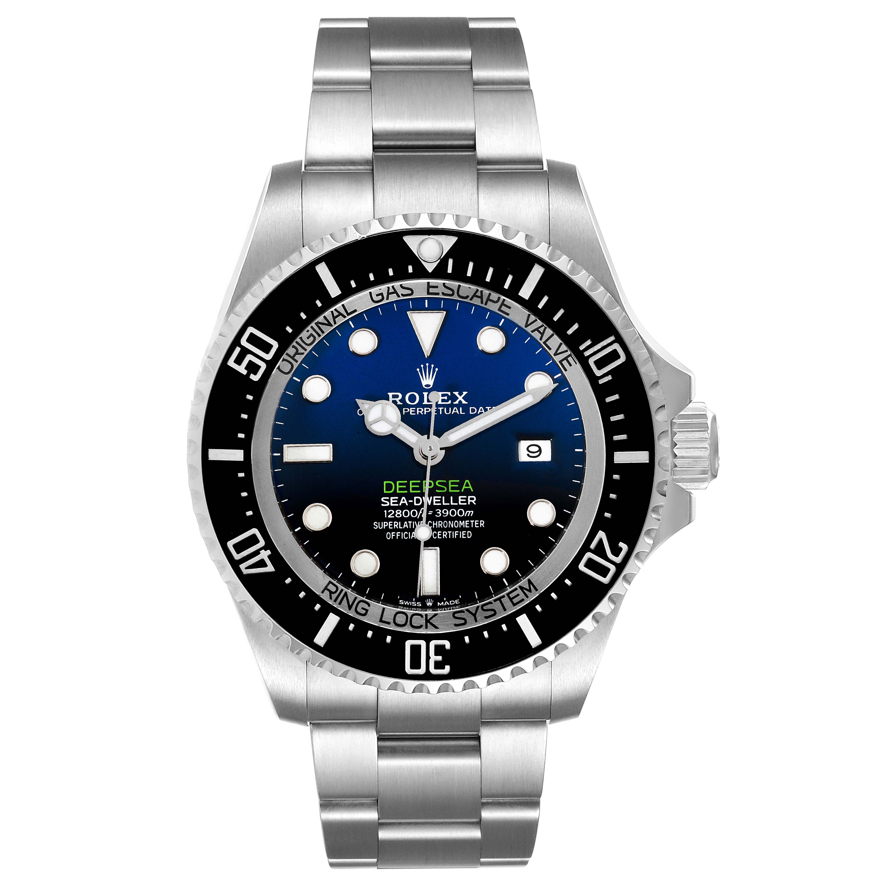 The image shows a frontal view of a Rolex Sea-Dweller 126660 Men
s Stainless Steel Blue Dial 126660 Men
s Stainless Steel Blue Dial watch, including its face, bezel, and bracelet.