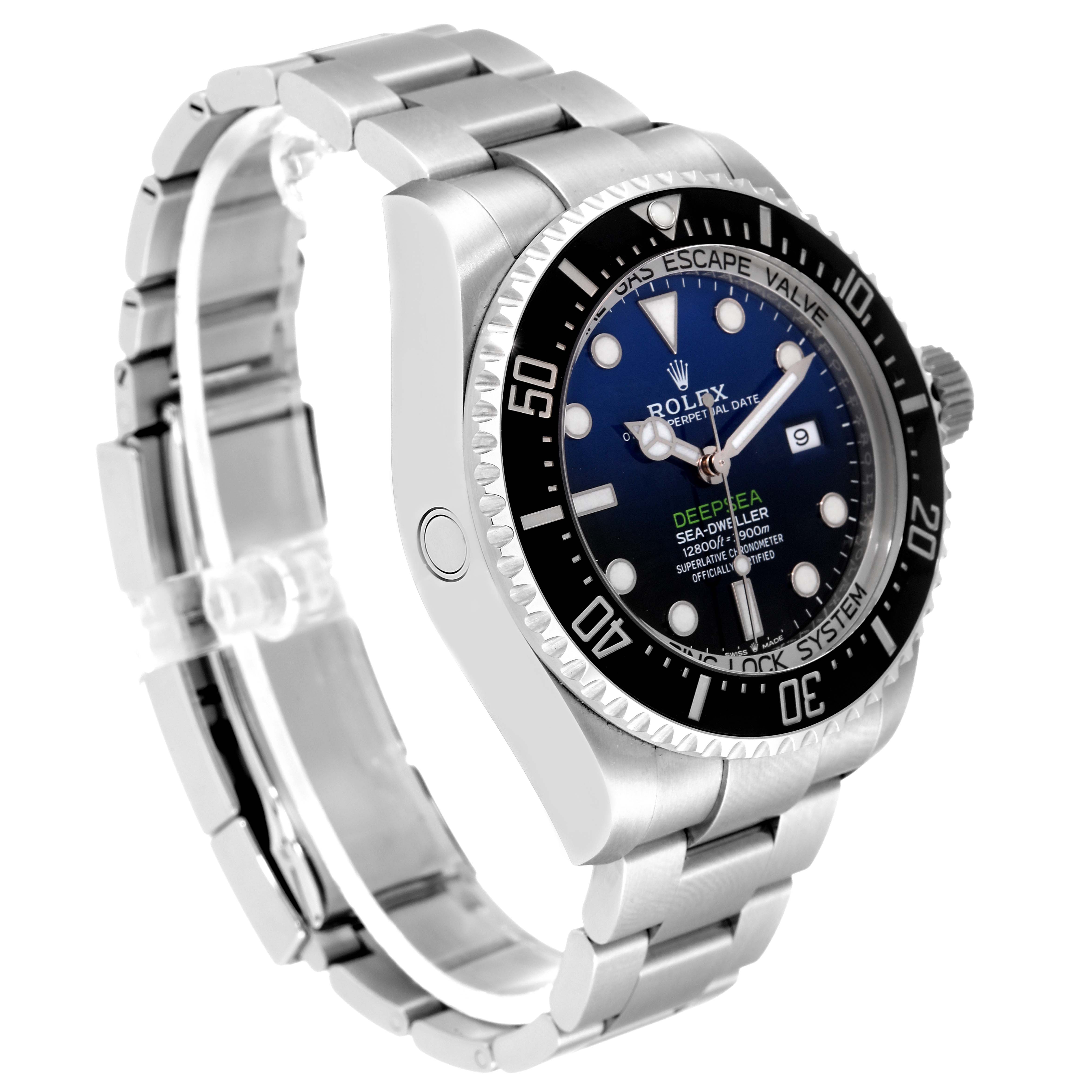 The Rolex Sea-Dweller 126660 Men
s Stainless Steel Blue Dial 126660 Men
s Stainless Steel Blue Dial watch is shown at a slight angle, displaying the face, bezel, and bracelet.
