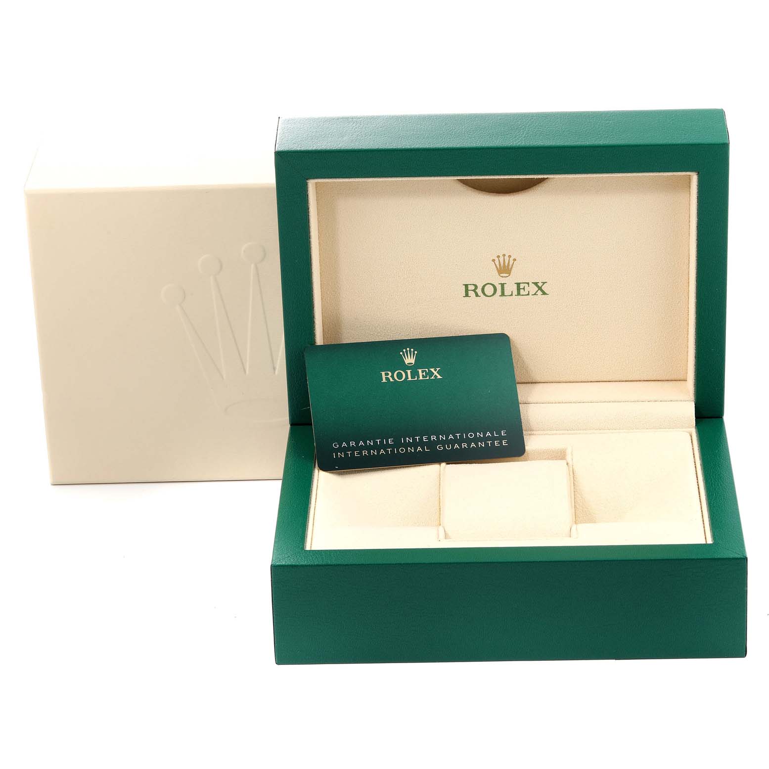 The image shows the box, cushion, and international guarantee card for the Rolex Sea-Dweller 126660 Men
s Stainless Steel Blue Dial 126660 Men
s Stainless Steel Blue Dial model.