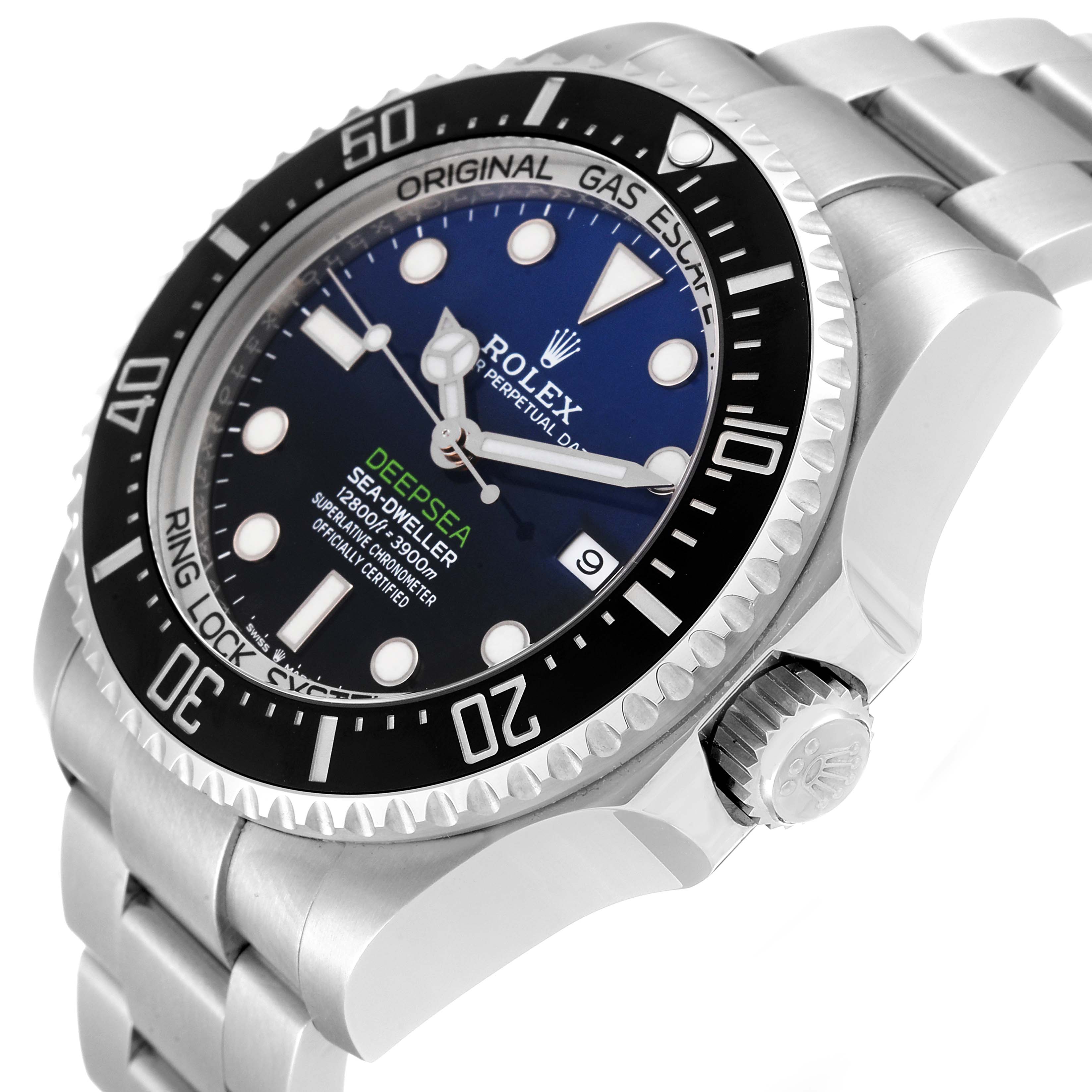 The image shows a side angle of the Rolex Sea-Dweller 126660 Men
s Stainless Steel Blue Dial 126660 Men
s Stainless Steel Blue Dial watch, highlighting the bezel, dial, and crown.