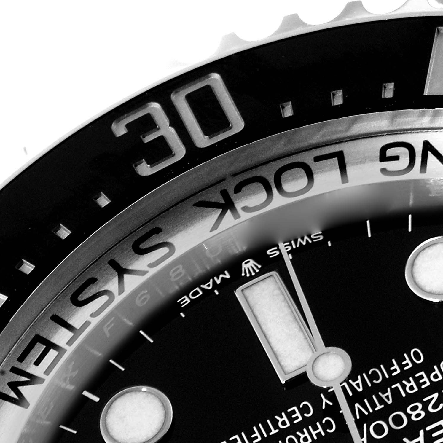 This image shows a close-up of the bezel and part of the dial on a Rolex Sea-Dweller 126660 Men
s Stainless Steel Blue Dial 126660 Men
s Stainless Steel Blue Dial watch, highlighting the "30" minute marker and part of the "RING LOCK SYSTEM" text.