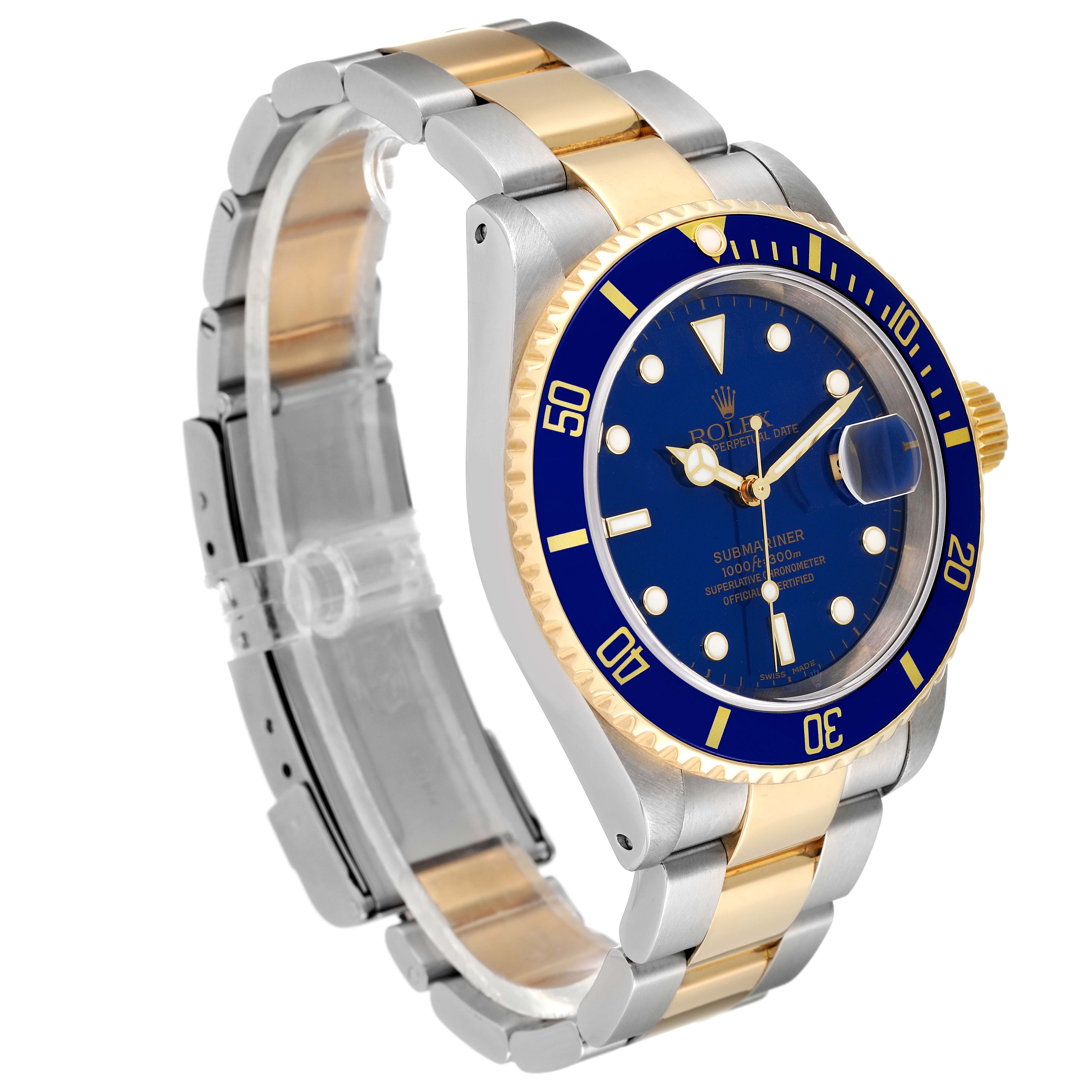The image shows a side angle of a Rolex Submariner 16613 Men's Steel and Gold (two tone) Blue Dial 16613 Men's Steel and Gold (two tone) Blue Dial watch, featuring a blue dial, gold accents, and a two-tone metal bracelet.