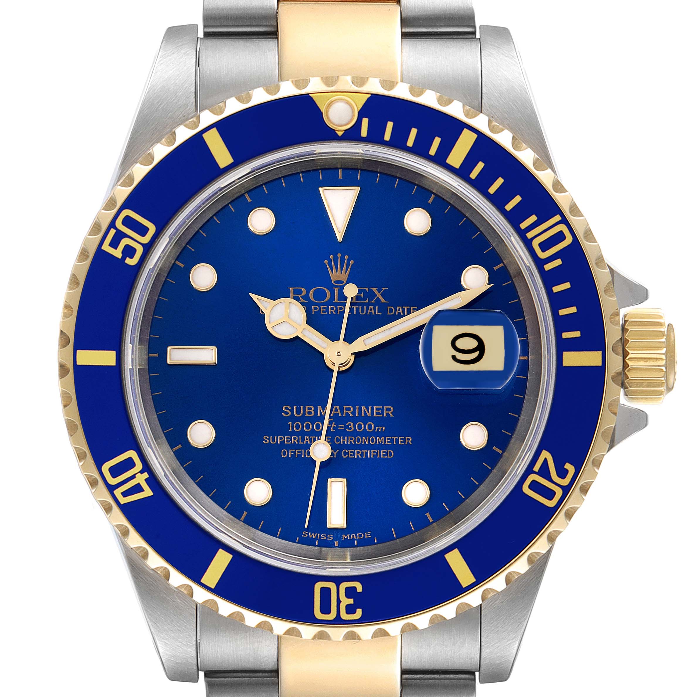 The image shows a front view of a Rolex Submariner 16613 Men's Steel and Gold (two tone) Blue Dial 16613 Men's Steel and Gold (two tone) Blue Dial watch, highlighting its blue and gold bezel, blue dial, and bracelet.
