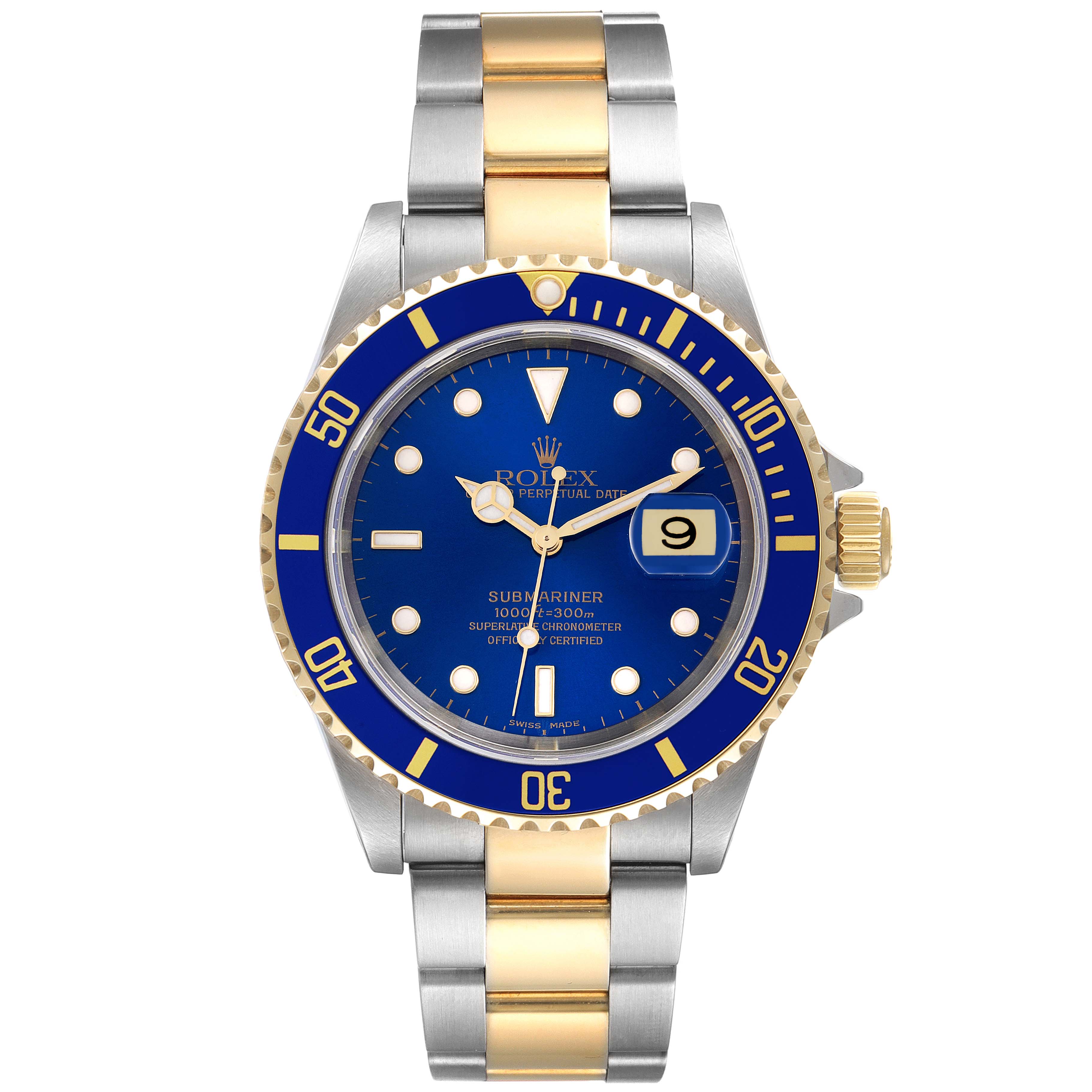 This image shows a front view of a Rolex Submariner 16613 Men's Steel and Gold (two tone) Blue Dial 16613 Men's Steel and Gold (two tone) Blue Dial watch with a blue dial and two-tone gold and silver bracelet.