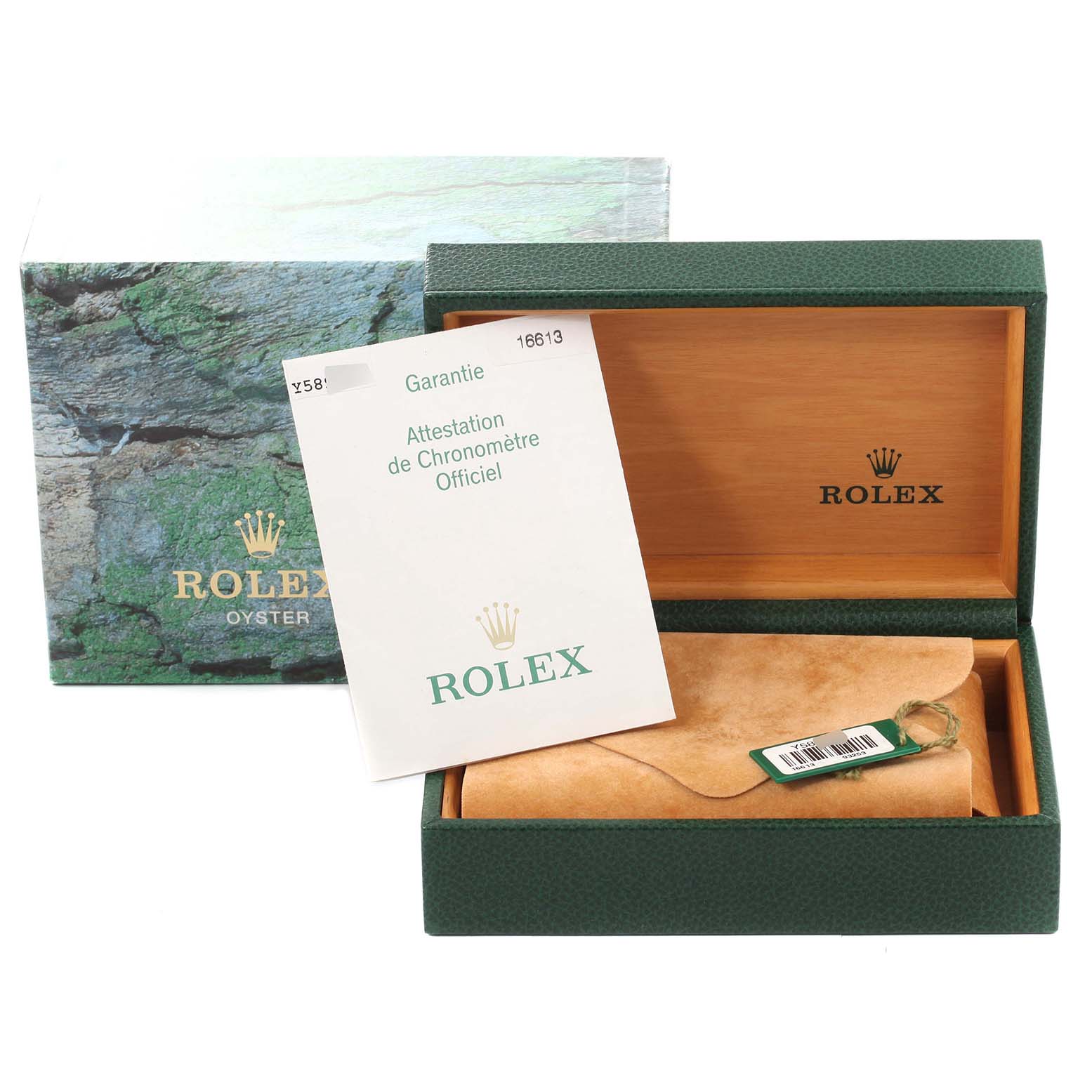 The image shows a Rolex Submariner 16613 Men's Steel and Gold (two tone) Blue Dial 16613 Men's Steel and Gold (two tone) Blue Dial's packaging, including the outer box, green watch box, warranty card, and a suede pouch.