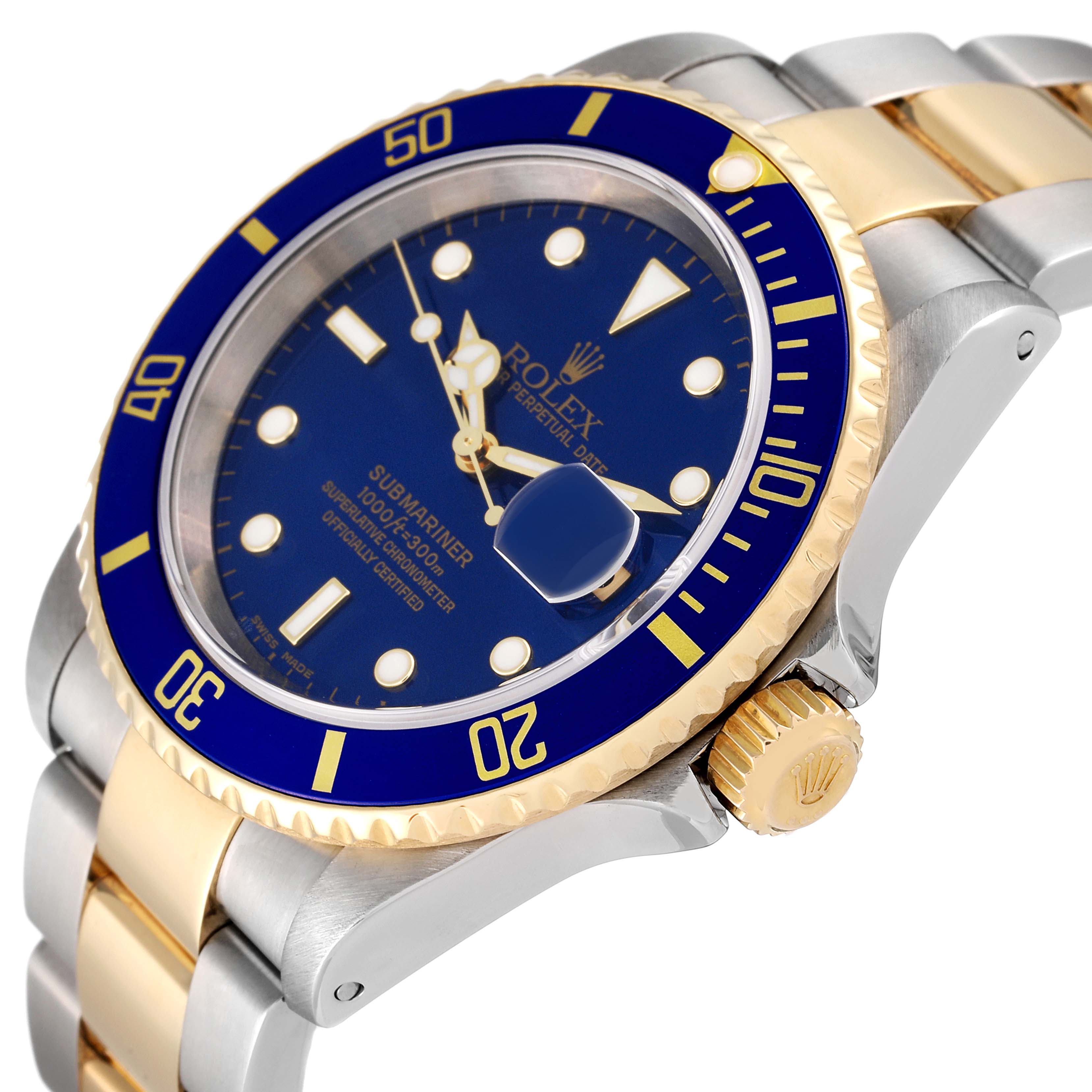 This image shows a side angle of a Rolex Submariner 16613 Men's Steel and Gold (two tone) Blue Dial 16613 Men's Steel and Gold (two tone) Blue Dial, highlighting the blue bezel, dial, crown, and two-tone bracelet.