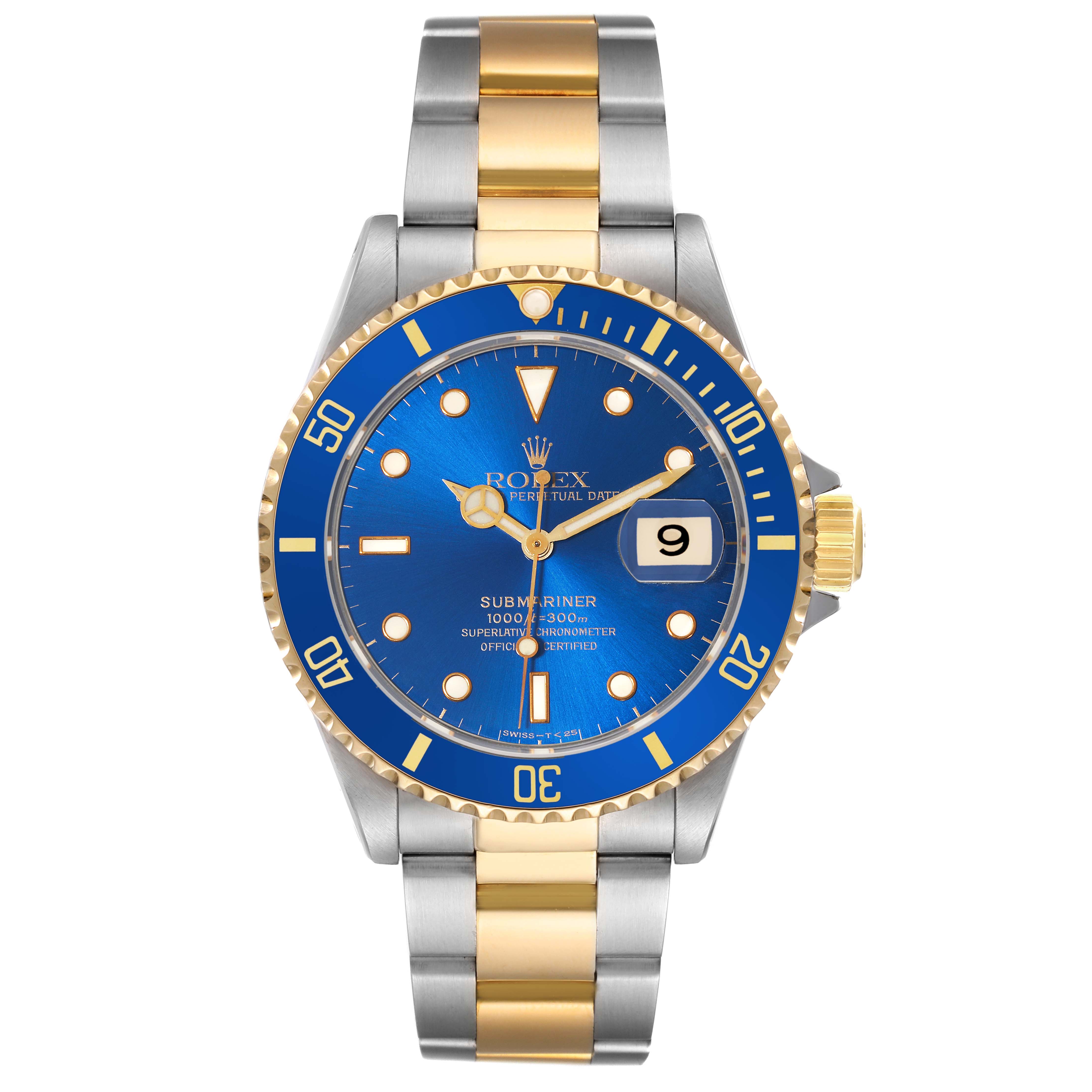 The image shows a full front view of a Rolex Submariner 16613 Men's Steel and Gold (two tone) Blue Dial 16613 Men's Steel and Gold (two tone) Blue Dial watch with a blue dial and a two-tone metal strap.