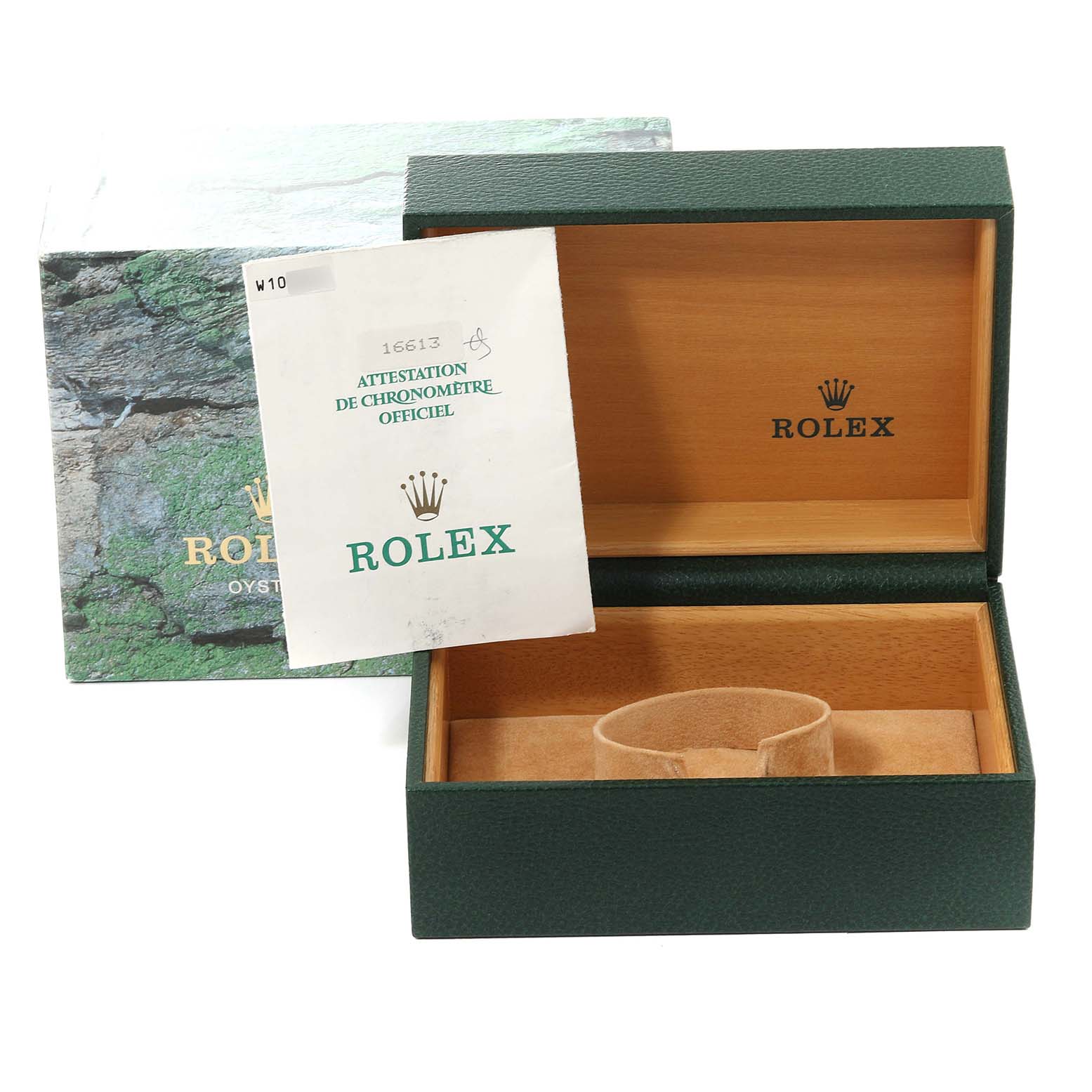 The image shows the open box and official documentation for a Rolex Submariner 16613 Men's Steel and Gold (two tone) Blue Dial 16613 Men's Steel and Gold (two tone) Blue Dial watch, viewed from the front.