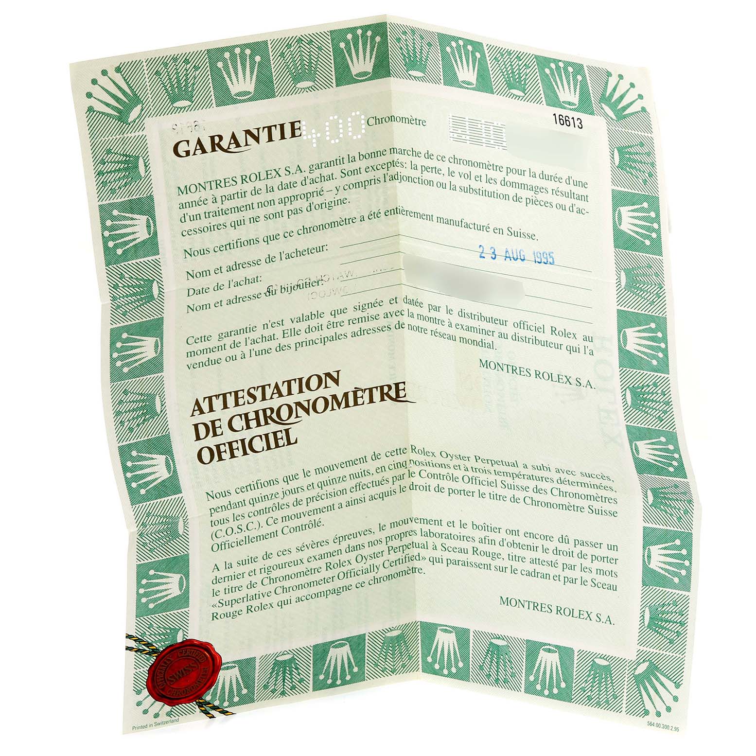 The image shows the warranty and official chronometer certificate for the Rolex Submariner 16613 Men's Steel and Gold (two tone) Blue Dial 16613 Men's Steel and Gold (two tone) Blue Dial model.