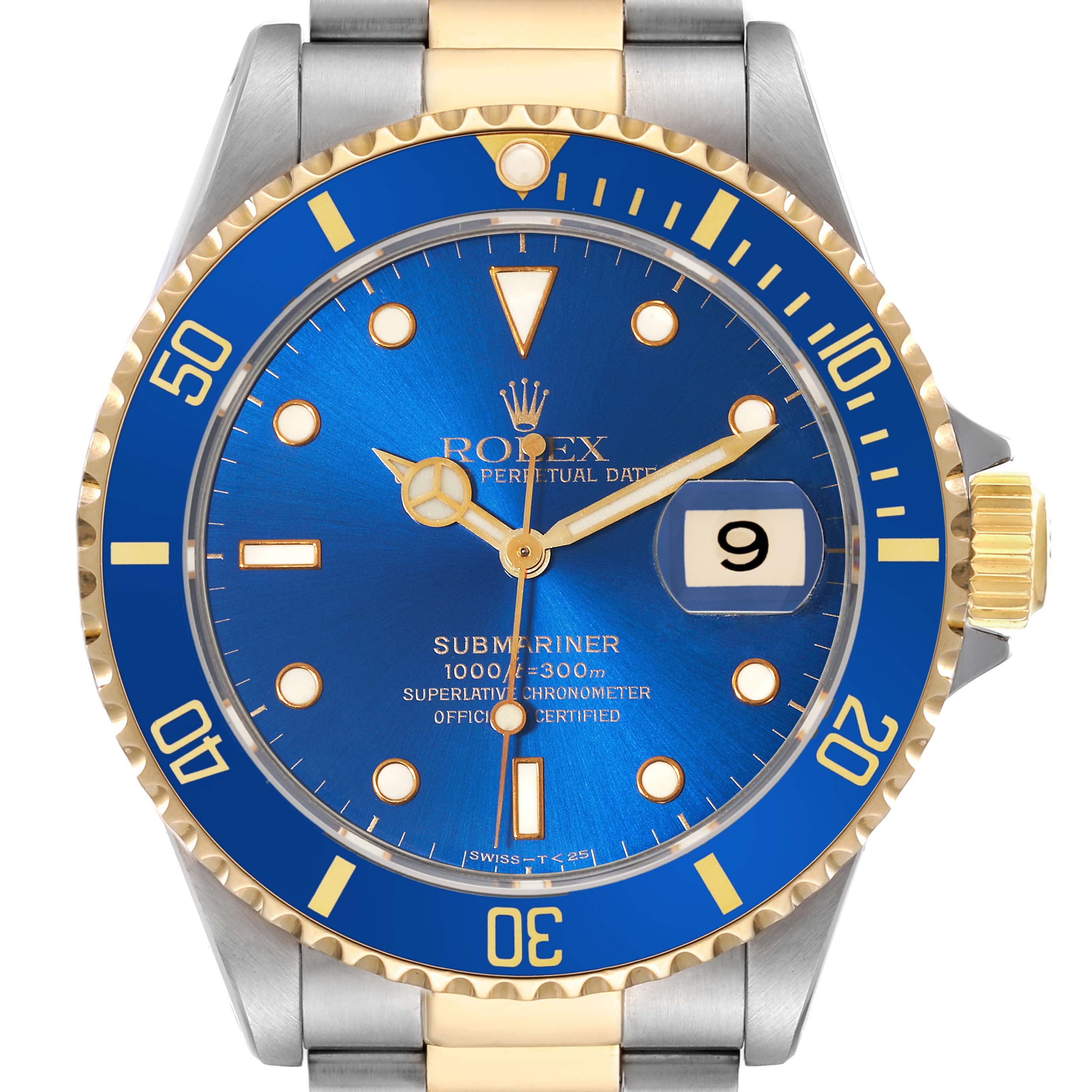 This image shows the Rolex Submariner 16613 Men's Steel and Gold (two tone) Blue Dial 16613 Men's Steel and Gold (two tone) Blue Dial watch face and bezel, focusing on the dial, hands, date, and two-tone bracelet.