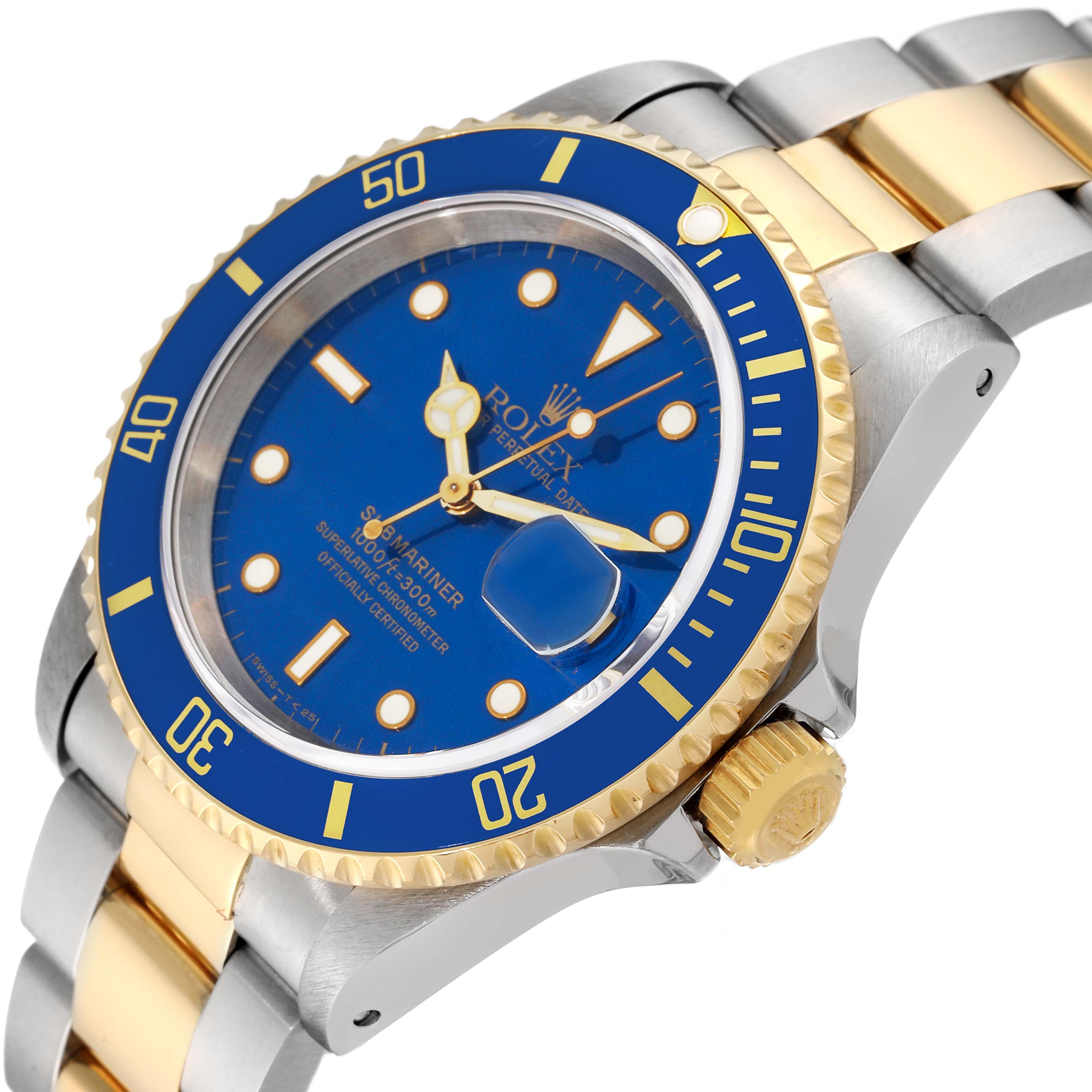 The image shows a close-up angled view of the Rolex Submariner 16613 Men's Steel and Gold (two tone) Blue Dial 16613 Men's Steel and Gold (two tone) Blue Dial watch, highlighting its blue dial, bezel, and two-tone bracelet.