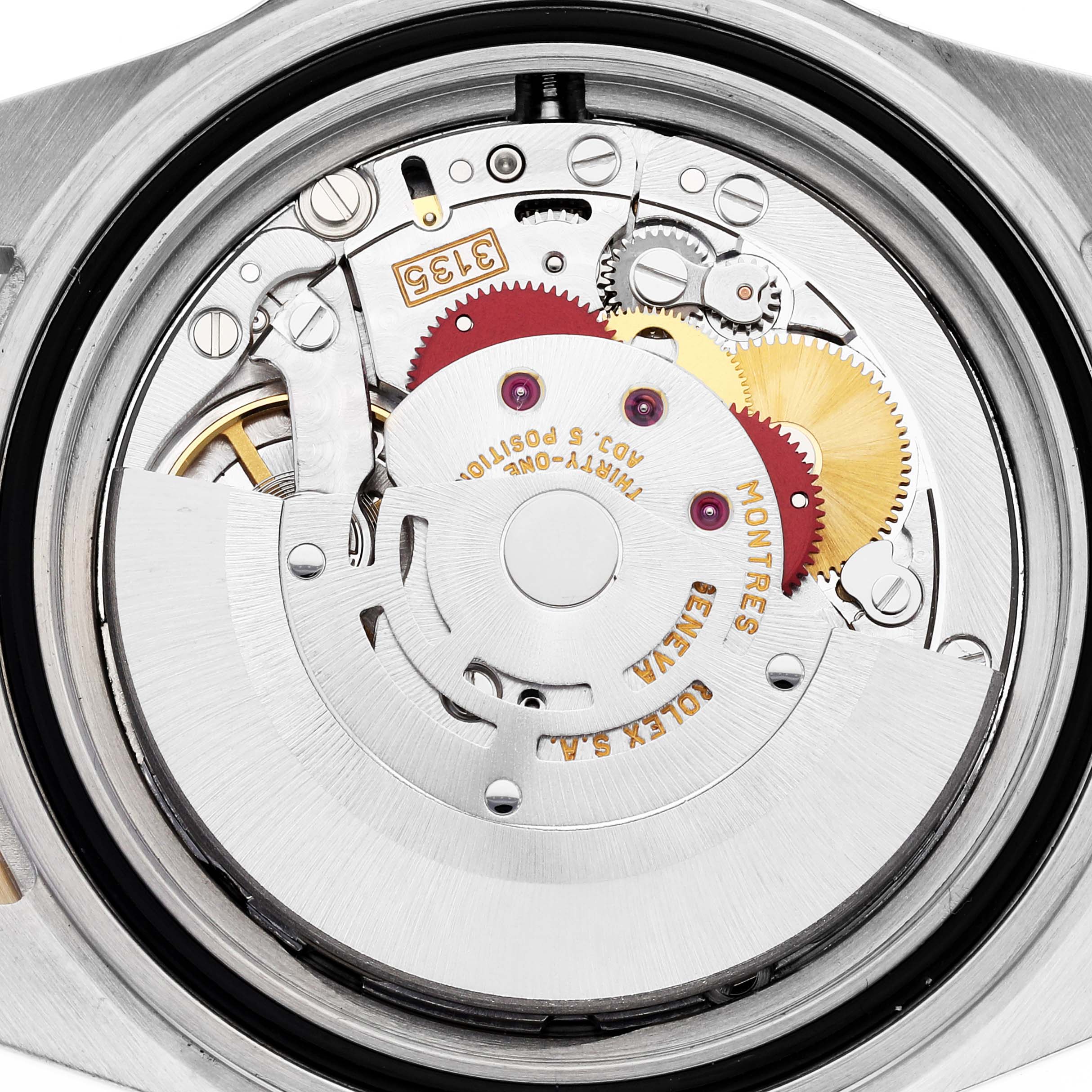 The image shows the internal mechanical movement of a Rolex Submariner 16613 Men's Steel and Gold (two tone) Blue Dial 16613 Men's Steel and Gold (two tone) Blue Dial watch, viewed from the back.