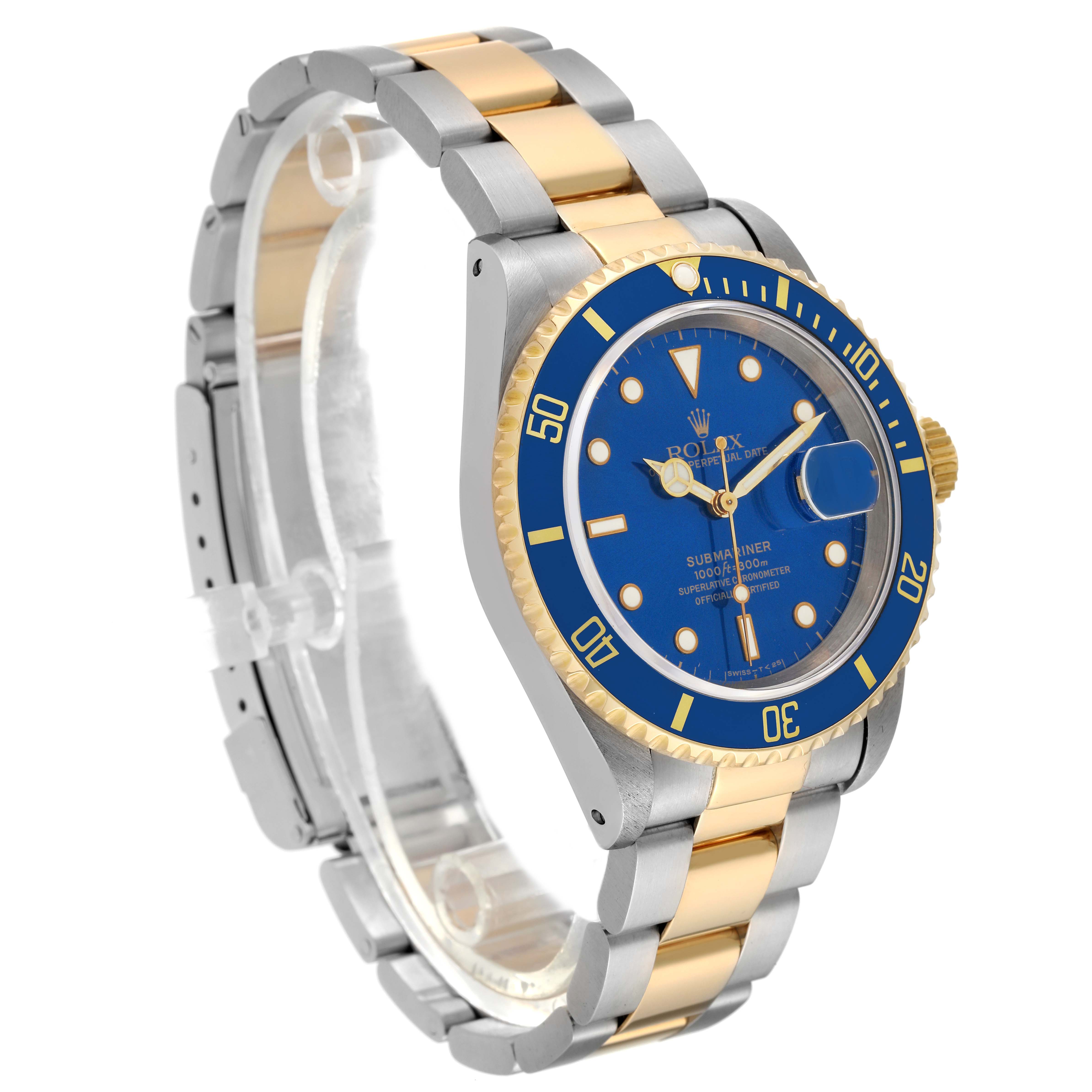 The Rolex Submariner 16613 Men's Steel and Gold (two tone) Blue Dial 16613 Men's Steel and Gold (two tone) Blue Dial watch is shown at a slight angle from the upper left, displaying its blue dial, bezel, and two-tone bracelet.