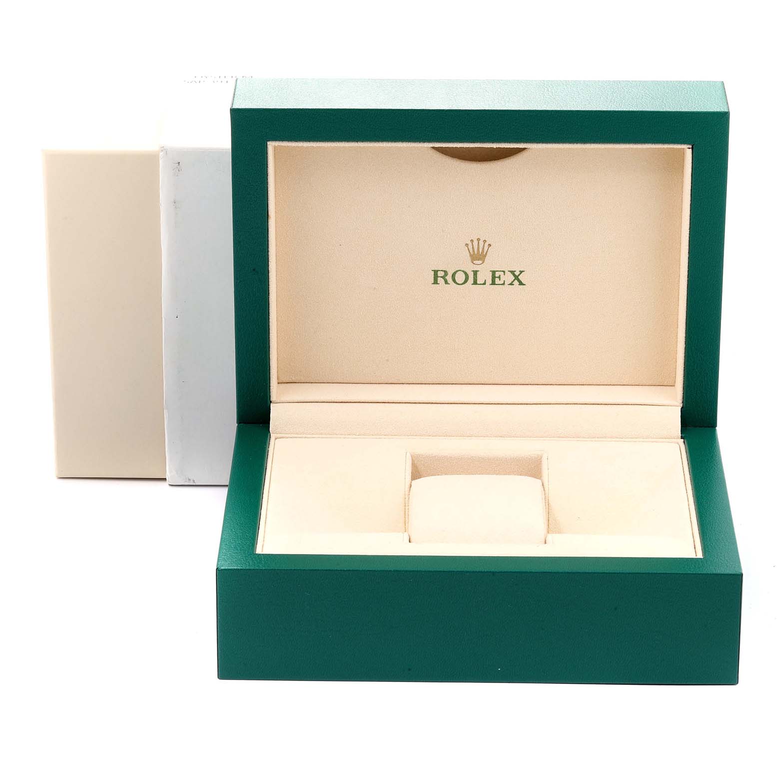 The image shows an open green Rolex box for a Submariner model watch, with the interior visible.