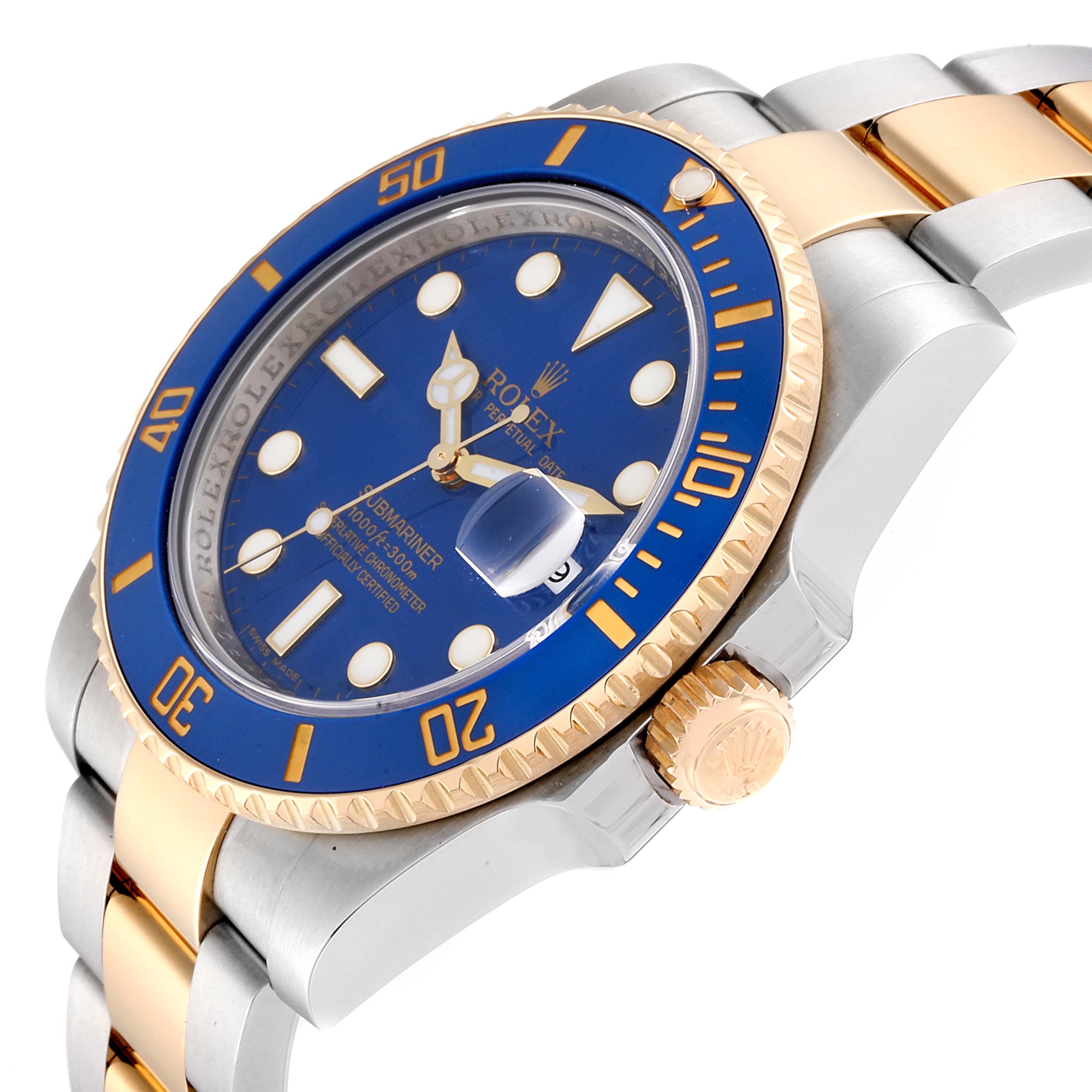 The image shows a side angle of the Rolex Submariner 116613 Men
s Steel and Gold (two tone) Blue Dial 116613 Men
s Steel and Gold (two tone) Blue Dial watch featuring its blue face, gold bezel, and two-tone bracelet.