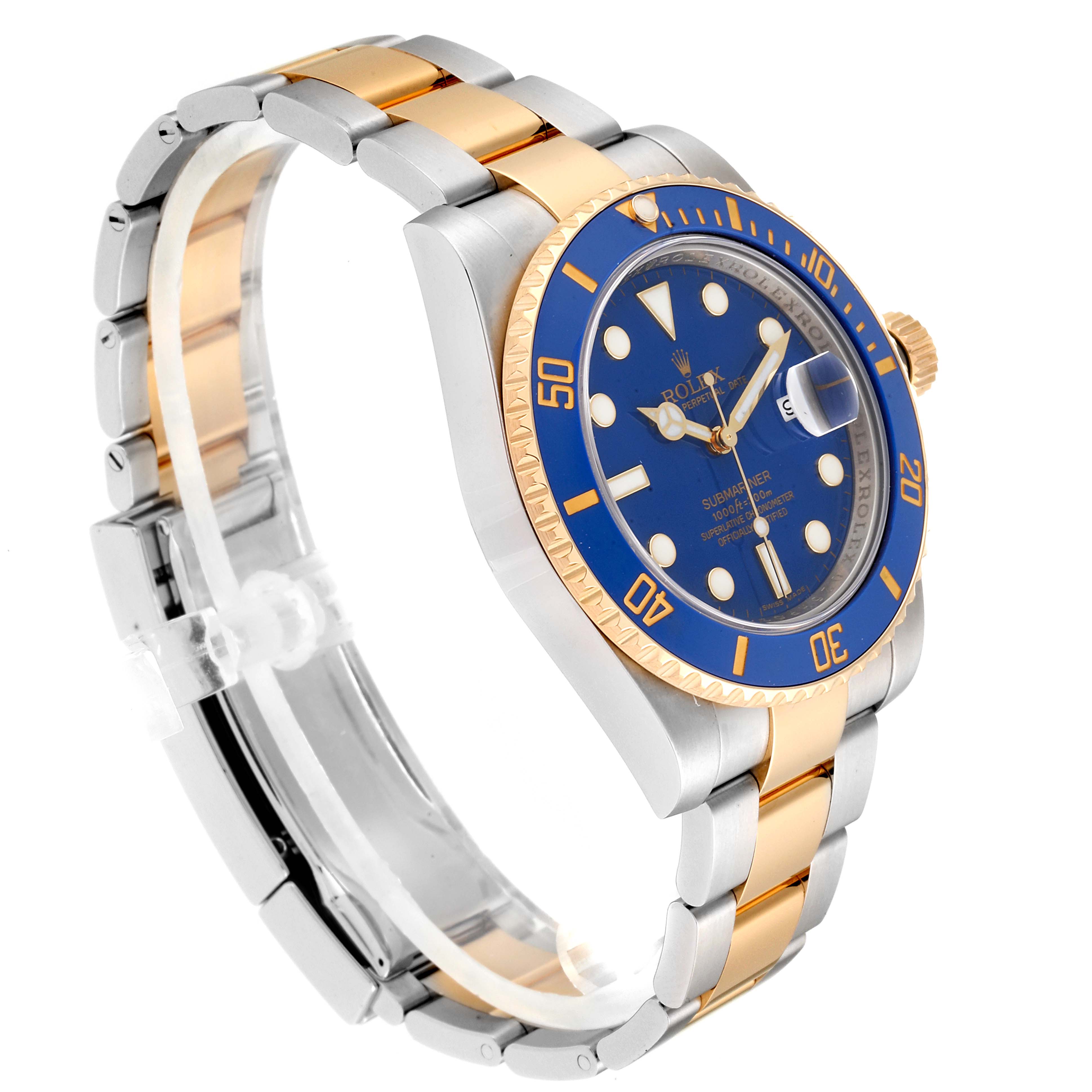 This image shows a Rolex Submariner 116613 Men
s Steel and Gold (two tone) Blue Dial 116613 Men
s Steel and Gold (two tone) Blue Dial watch at a three-quarter angle, displaying the face, bezel, and bracelet.