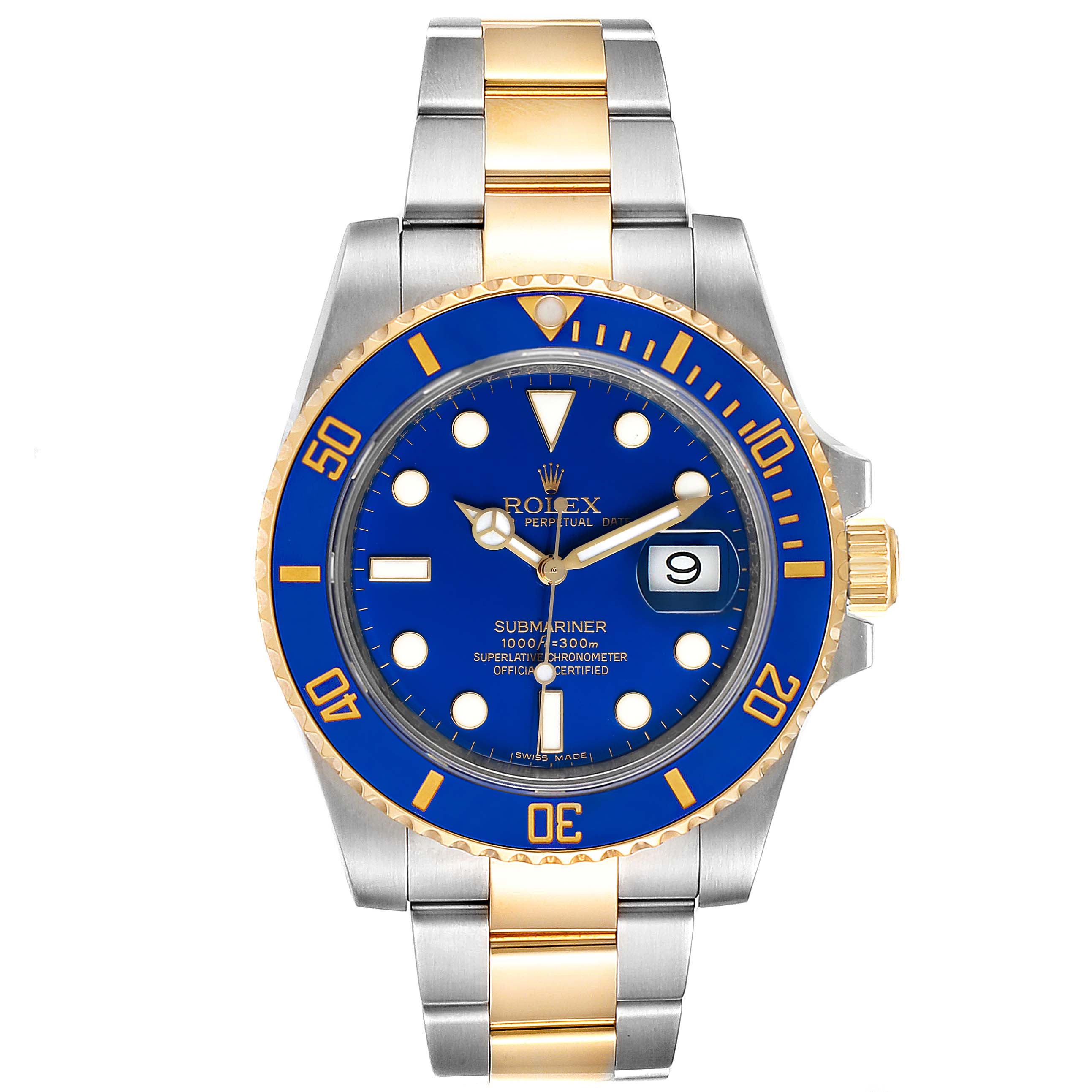 This Rolex Submariner 116613 Men
s Steel and Gold (two tone) Blue Dial 116613 Men
s Steel and Gold (two tone) Blue Dial watch is shown from the front, displaying the blue dial, bezel, and two-tone bracelet.