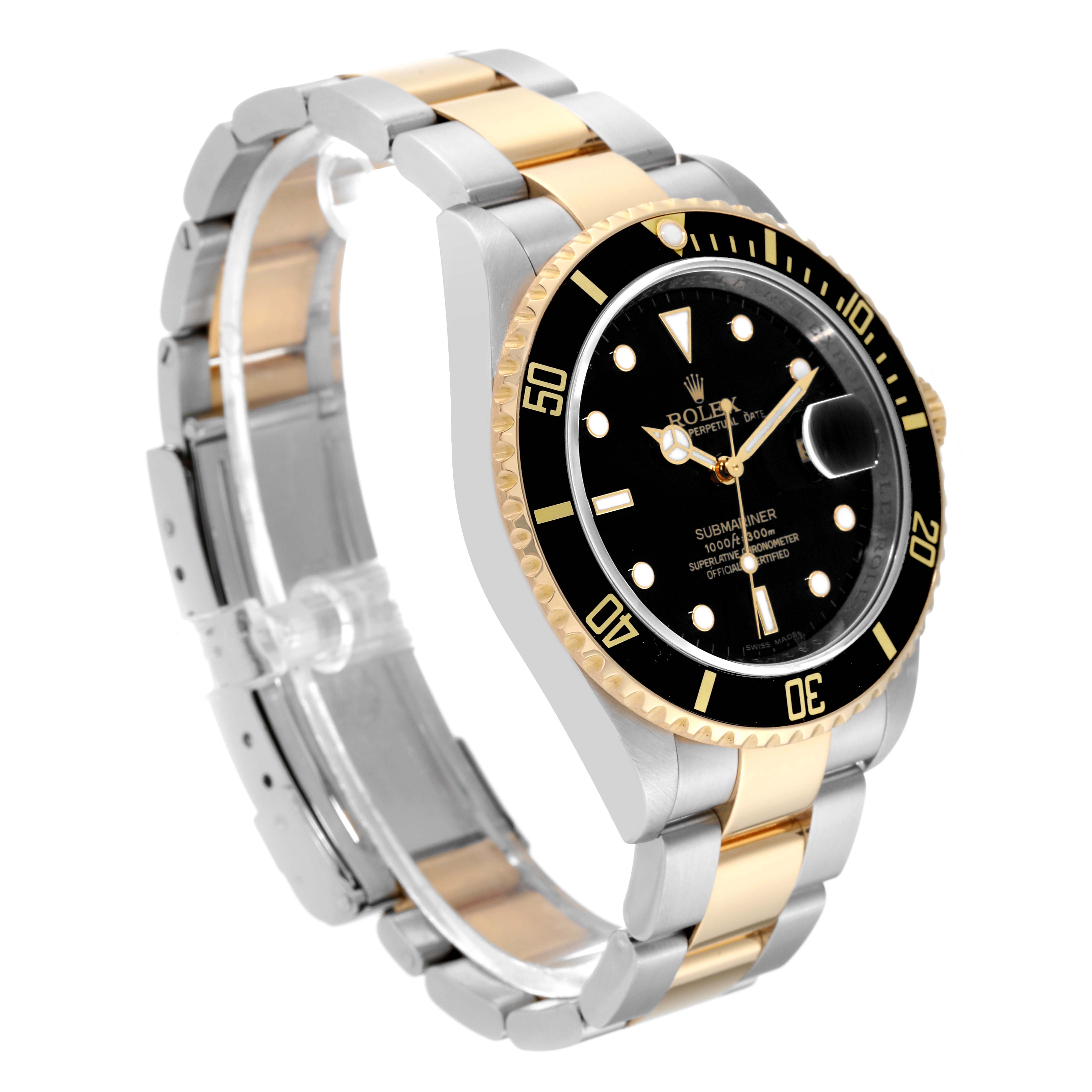 This image shows a Rolex Submariner 16613LN Men's Steel and Gold (two tone) Mother of Pearl Dial 16613LN Men's Steel and Gold (two tone) Mother of Pearl Dial watch at a three-quarter angle, displaying the face, bezel, case, and bracelet.