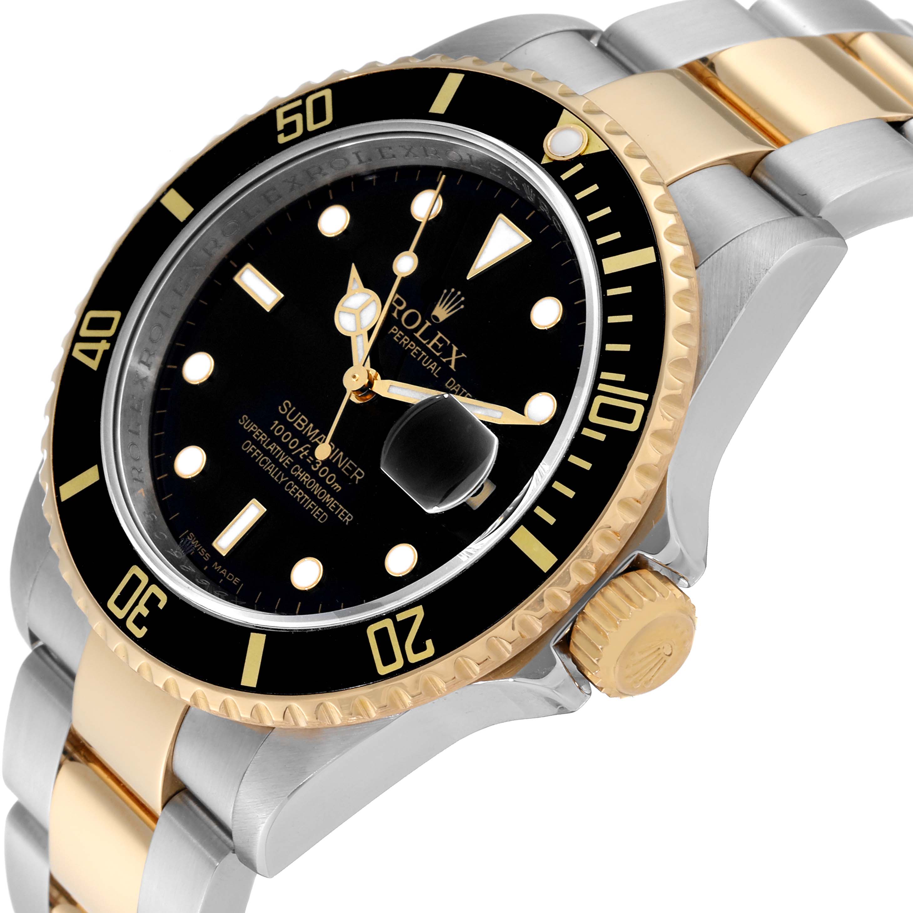 The image shows a close-up angle focusing on the face, bezel, and part of the bracelet of a Rolex Submariner 16613LN Men's Steel and Gold (two tone) Mother of Pearl Dial 16613LN Men's Steel and Gold (two tone) Mother of Pearl Dial watch.