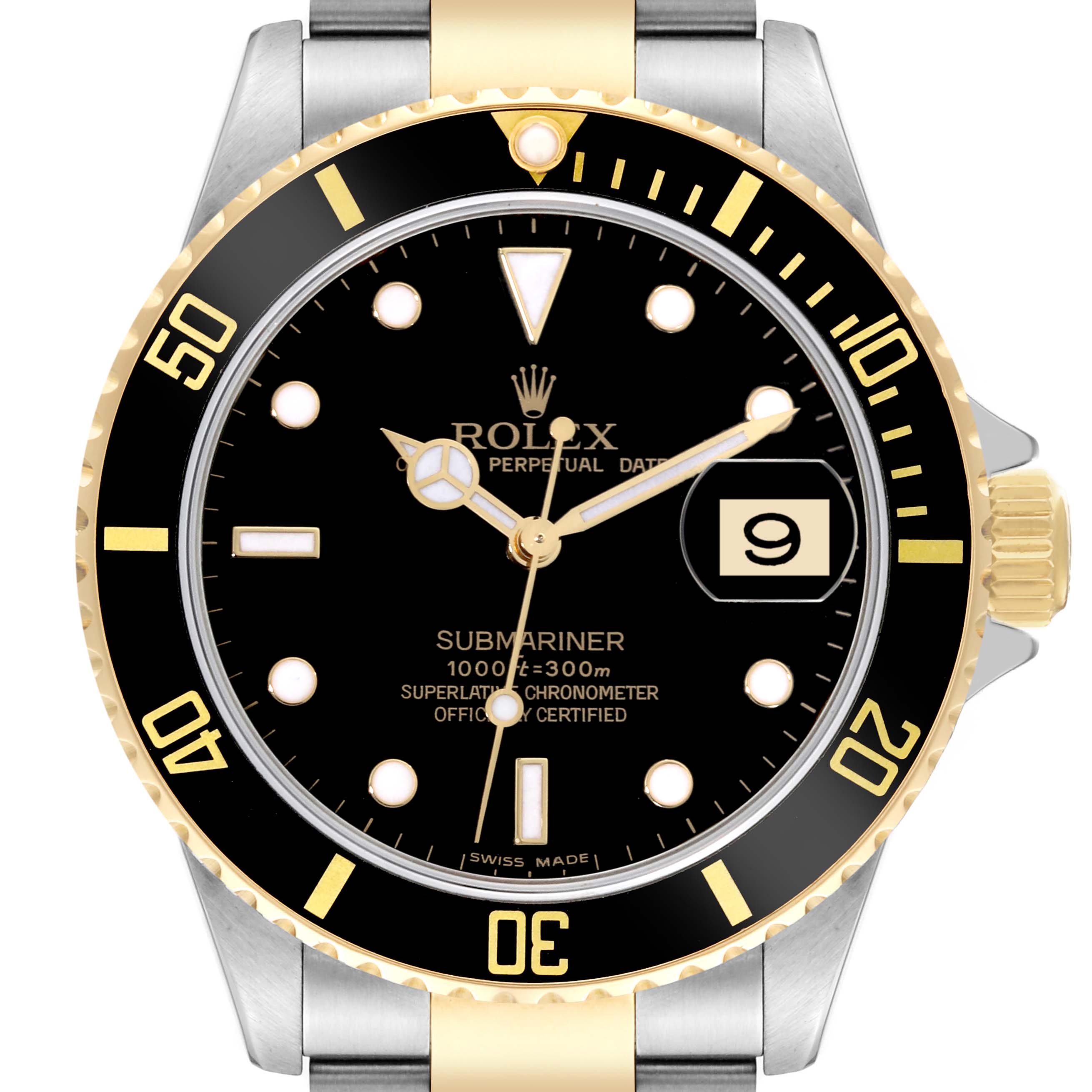 The image shows a frontal view of a Rolex Submariner 16613LN Men's Steel and Gold (two tone) Mother of Pearl Dial 16613LN Men's Steel and Gold (two tone) Mother of Pearl Dial watch, detailing the black dial, gold accents, and date window.