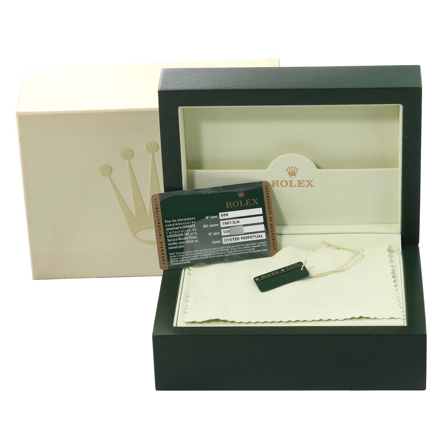 This image shows a Rolex Submariner 16613LN Men's Steel and Gold (two tone) Mother of Pearl Dial 16613LN Men's Steel and Gold (two tone) Mother of Pearl Dial watch box, warranty card, and tag with a certificate inside the open box.