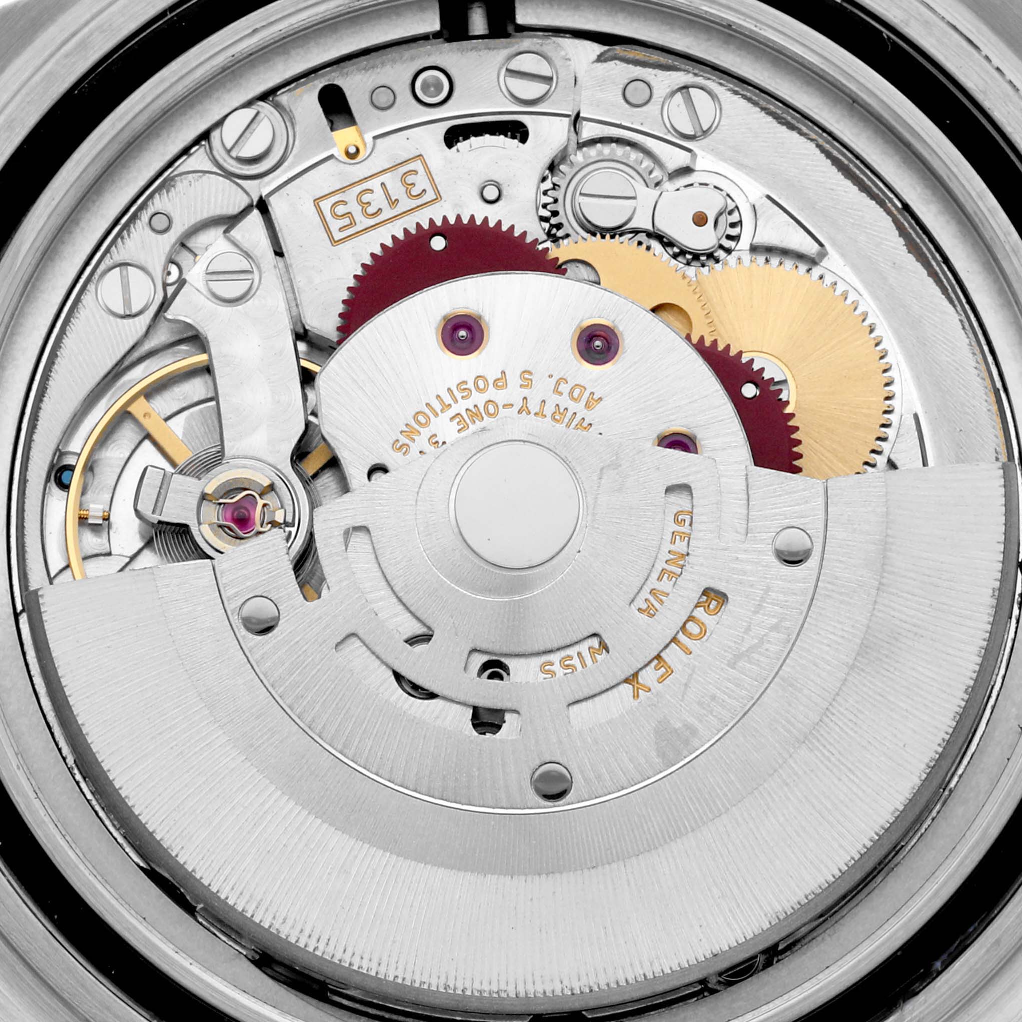 This image shows the internal mechanical movement of a Rolex Submariner 16613LN Men's Steel and Gold (two tone) Mother of Pearl Dial 16613LN Men's Steel and Gold (two tone) Mother of Pearl Dial watch at a close-up angle.