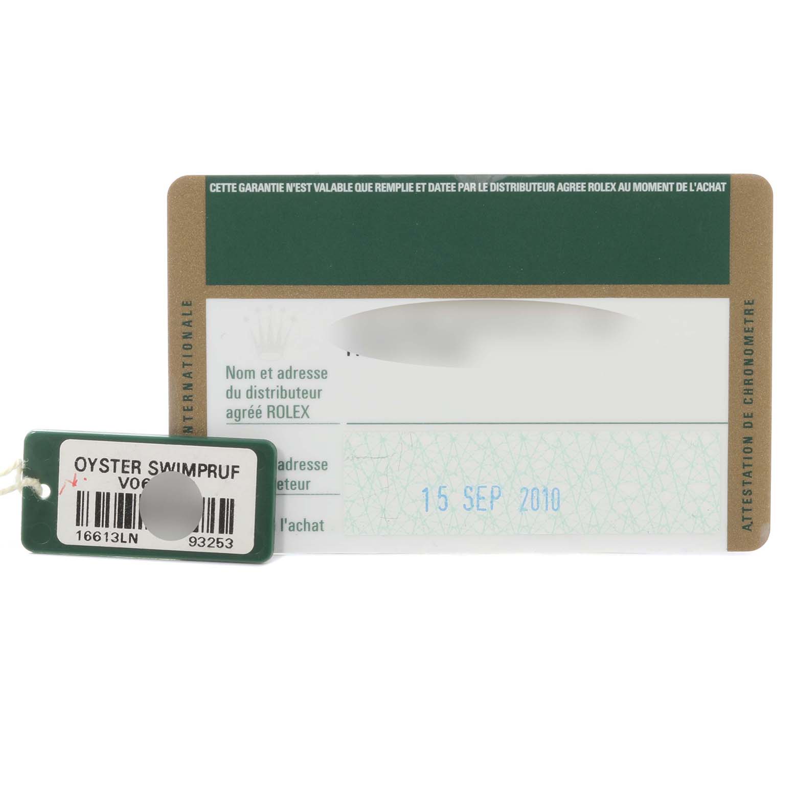 The image shows the warranty card and tag for a Rolex Submariner 16613LN Men's Steel and Gold (two tone) Mother of Pearl Dial 16613LN Men's Steel and Gold (two tone) Mother of Pearl Dial model, with a purchase date of 15 SEP 2010.