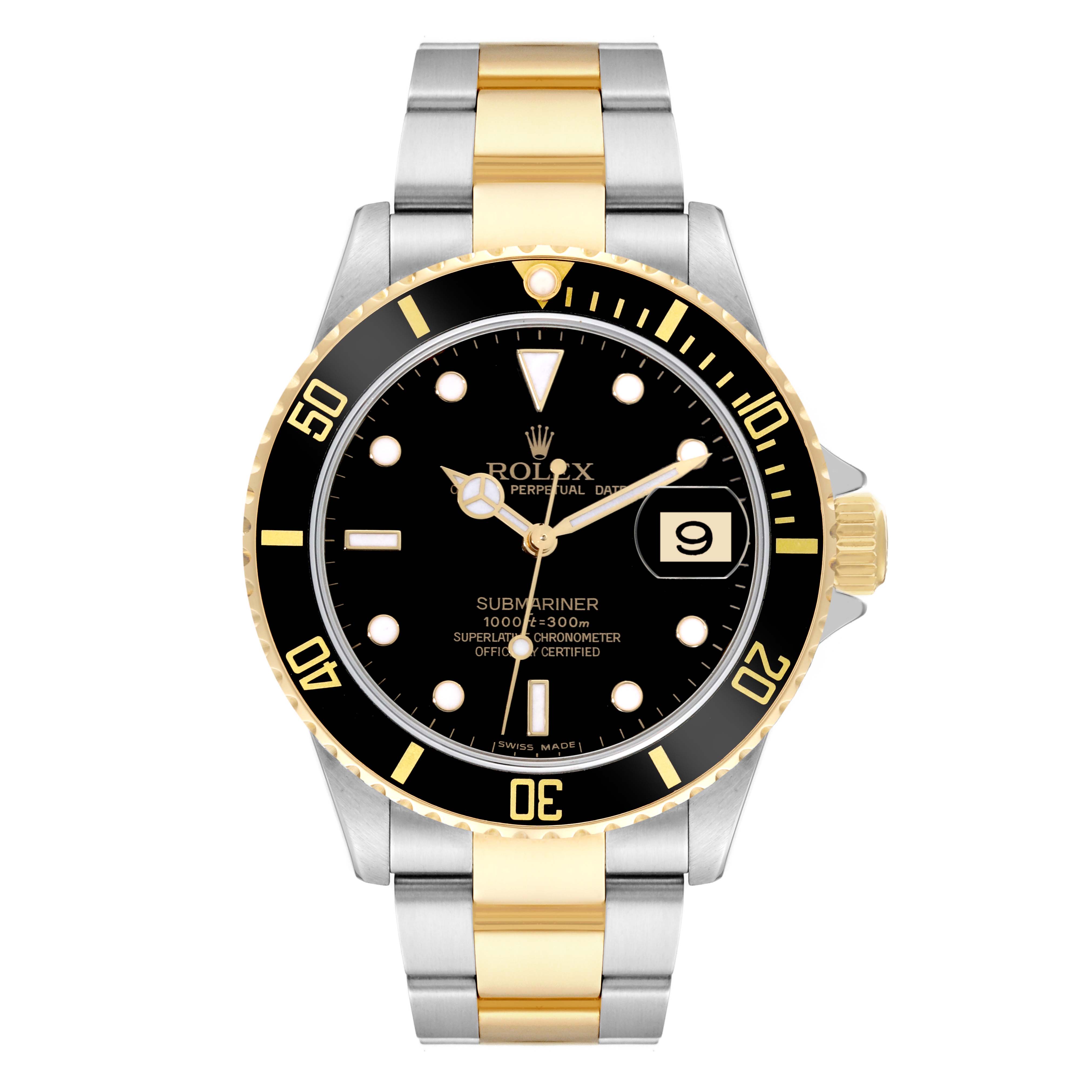 This image shows a front view of a Rolex Submariner 16613LN Men's Steel and Gold (two tone) Mother of Pearl Dial 16613LN Men's Steel and Gold (two tone) Mother of Pearl Dial watch with a black dial and two-tone metal bracelet.