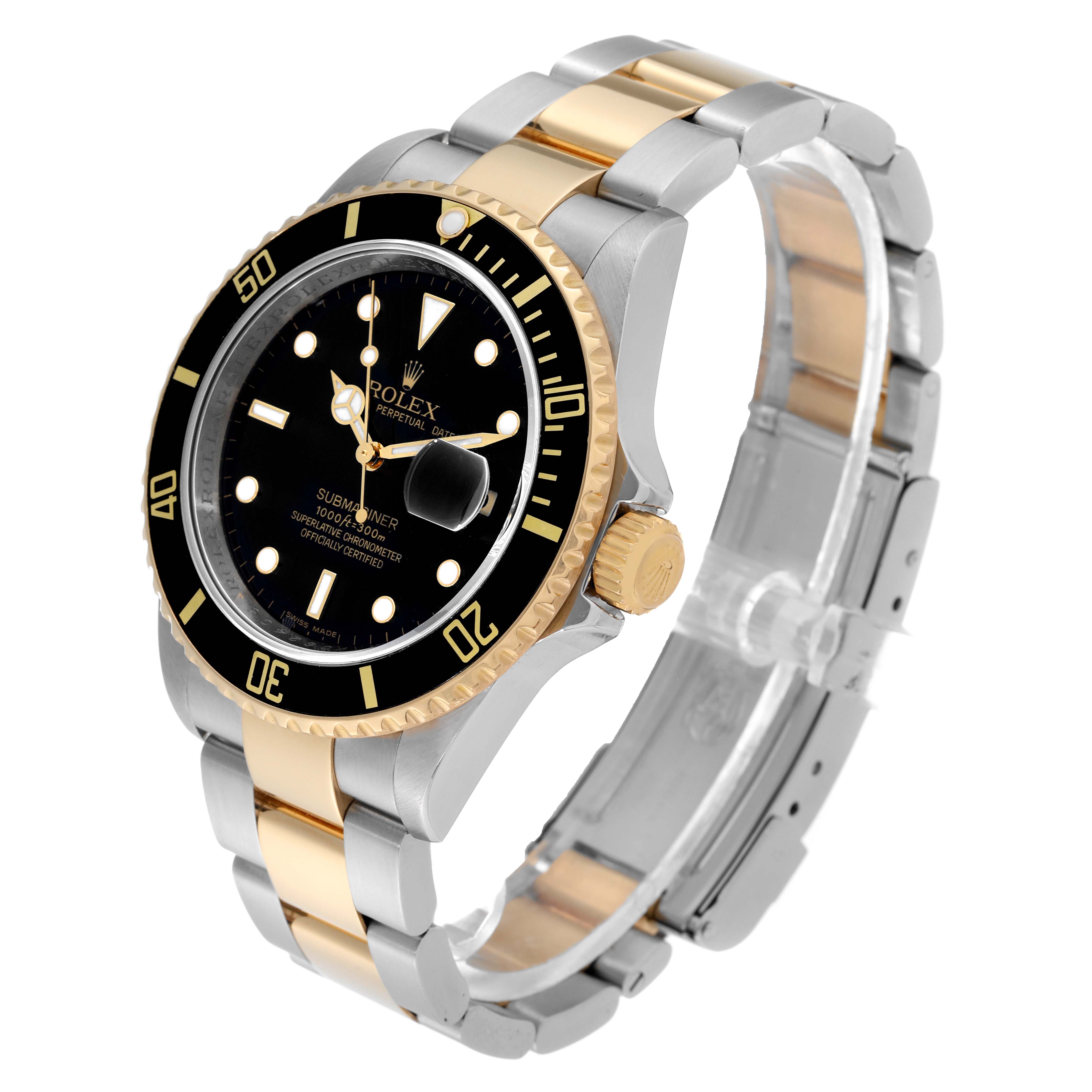 The image shows a side angle of a Rolex Submariner 16613LN Men's Steel and Gold (two tone) Mother of Pearl Dial 16613LN Men's Steel and Gold (two tone) Mother of Pearl Dial, highlighting the dial, bezel, bracelet, and crown.
