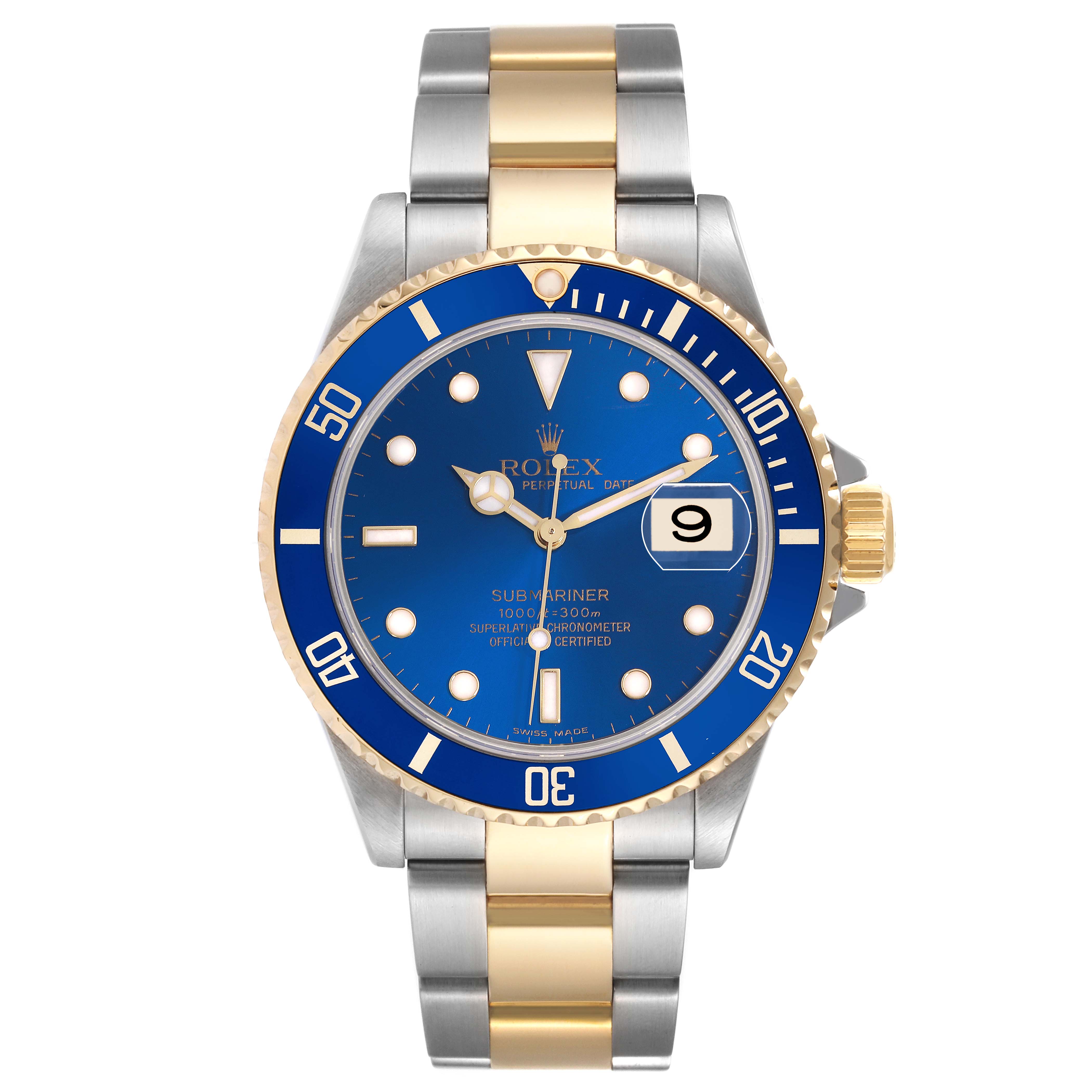 The Rolex Submariner 16613 Men
s Steel and Gold (two tone) Blue Dial 16613 Men
s Steel and Gold (two tone) Blue Dial is shown from a front angle, displaying the dial, bezel, and bracelet.