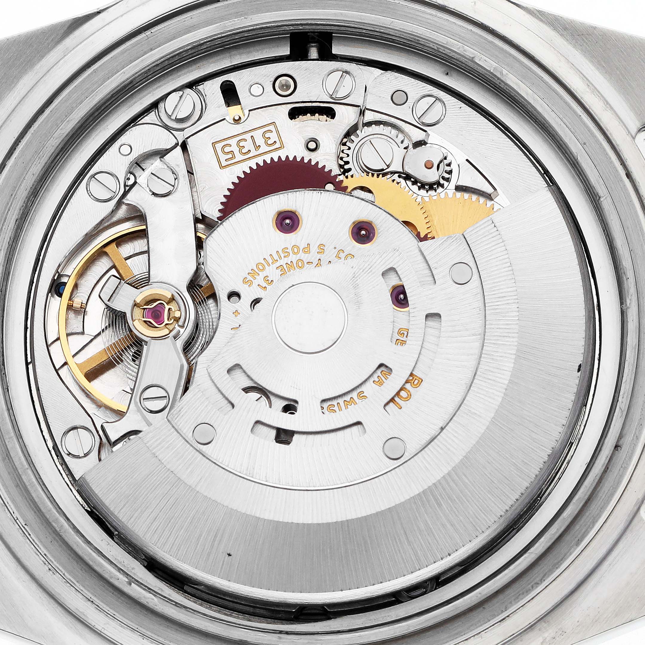 The image shows the internal movement of a Rolex Submariner 16613 Men
s Steel and Gold (two tone) Blue Dial 16613 Men
s Steel and Gold (two tone) Blue Dial watch from a rear angle, highlighting its gears and rotor.