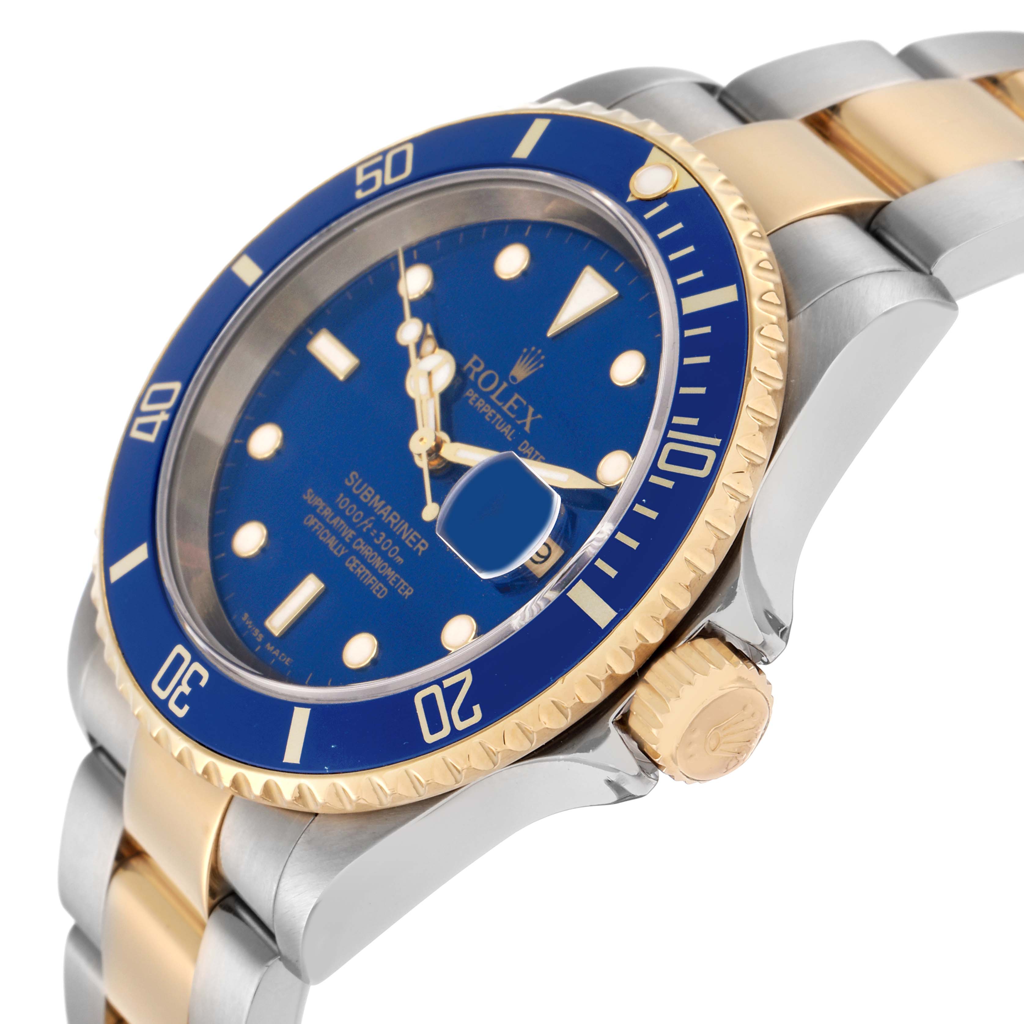 The Rolex Submariner 16613 Men
s Steel and Gold (two tone) Blue Dial 16613 Men
s Steel and Gold (two tone) Blue Dial watch is shown at an angled side view, highlighting the blue bezel, dial, and two-tone bracelet.