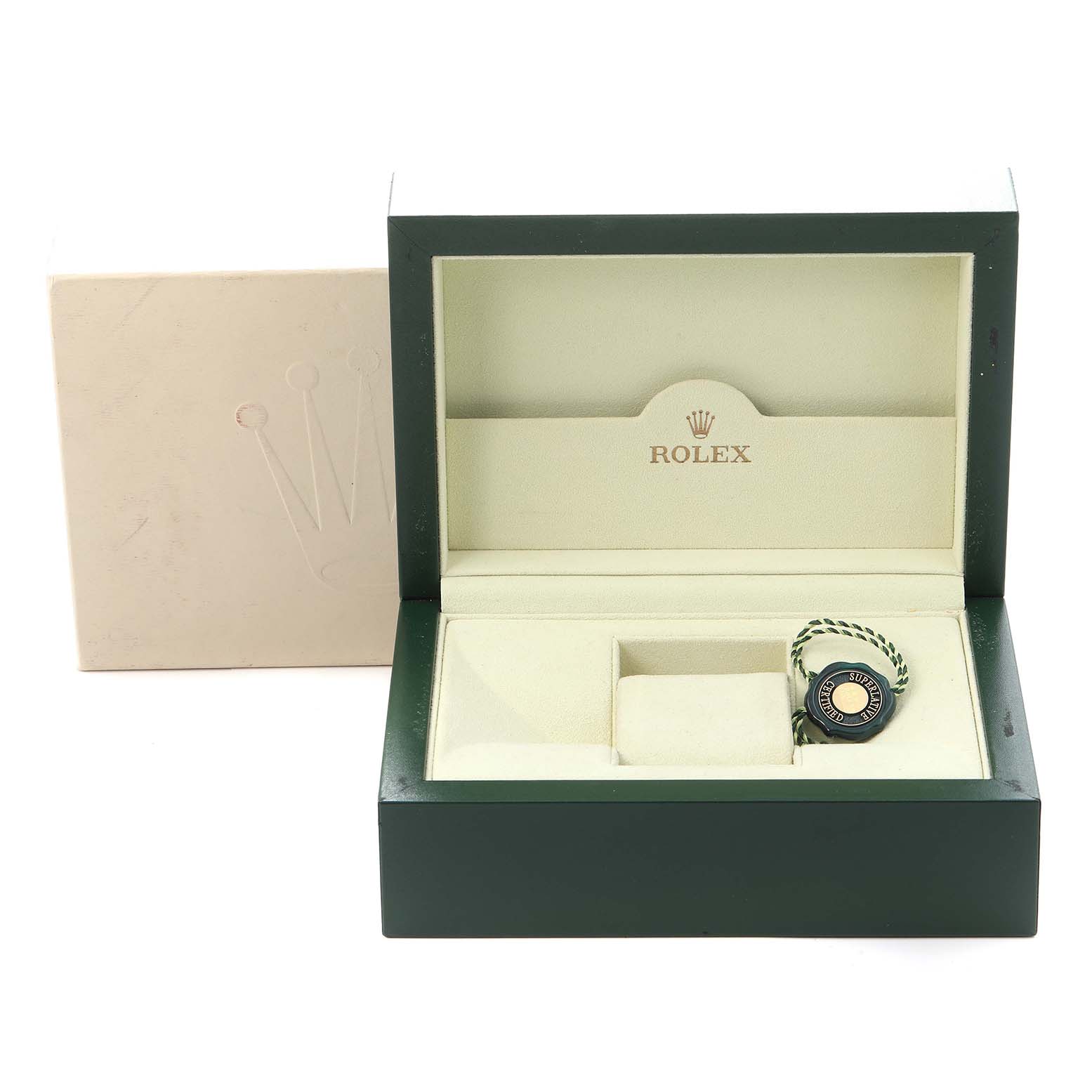 The image shows an open Rolex Submariner 16613 Men
s Steel and Gold (two tone) Blue Dial 16613 Men
s Steel and Gold (two tone) Blue Dial box with interior compartments and a tag, viewed from the front.