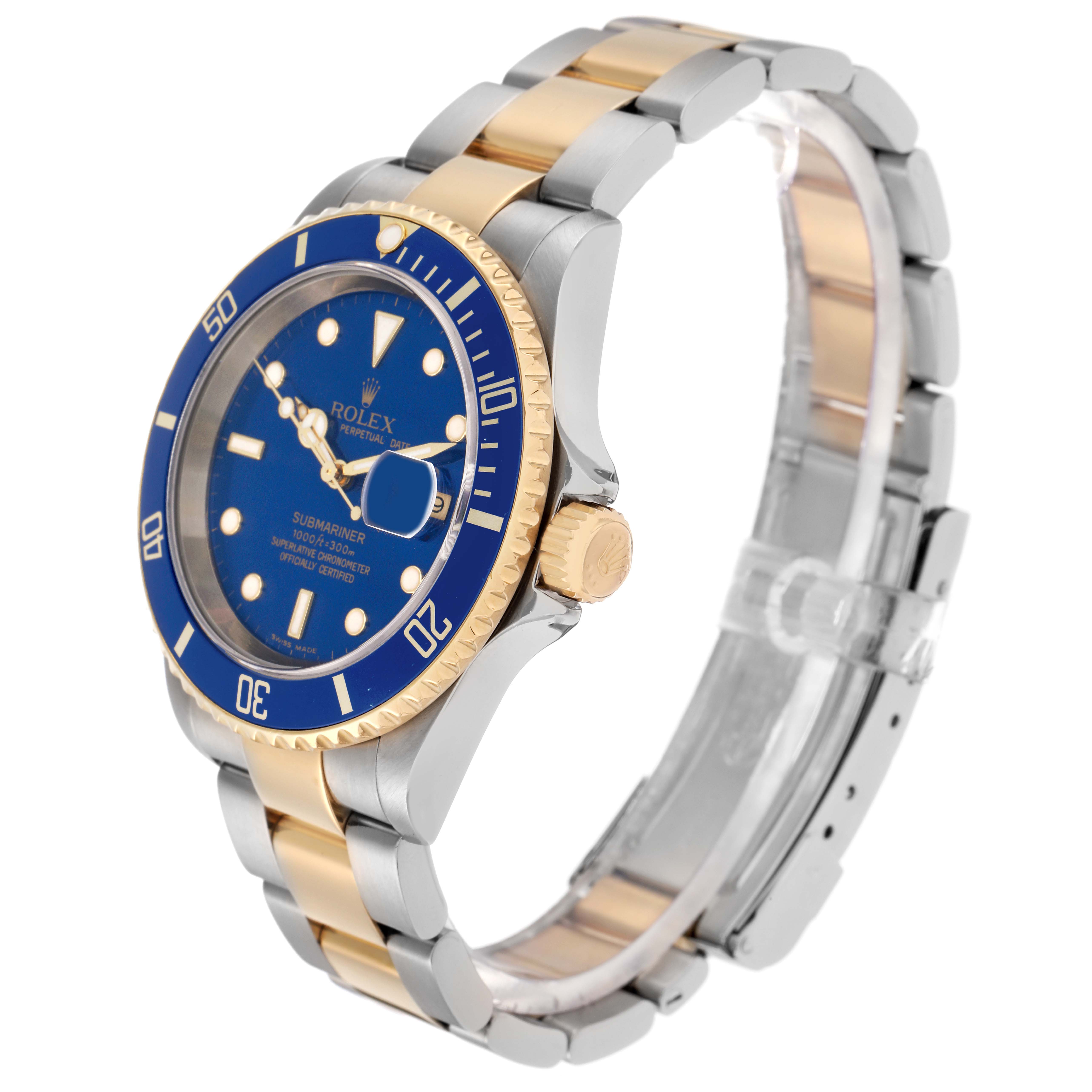 The Rolex Submariner 16613 Men
s Steel and Gold (two tone) Blue Dial 16613 Men
s Steel and Gold (two tone) Blue Dial is shown at a three-quarter angle, highlighting the blue dial, bezel, crown, and two-tone bracelet.