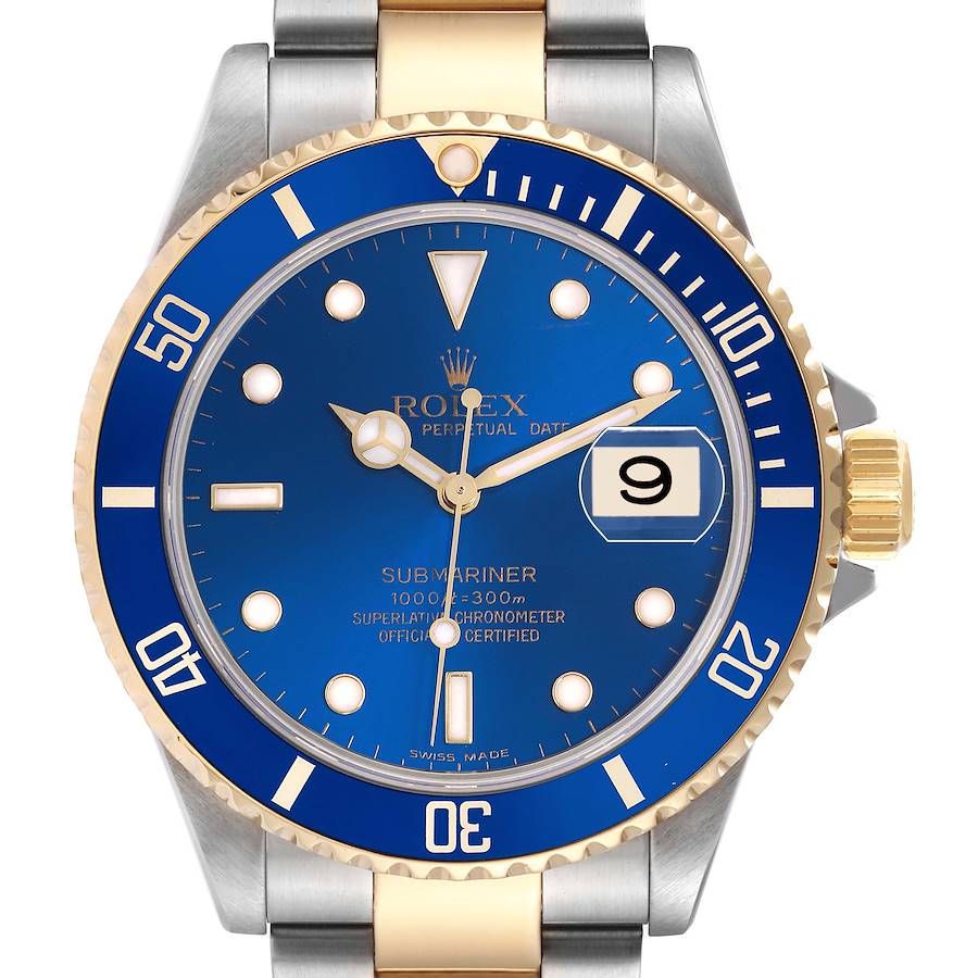 The Rolex Submariner is shown from the front, highlighting the blue dial, gold and steel bracelet, and date magnifier.