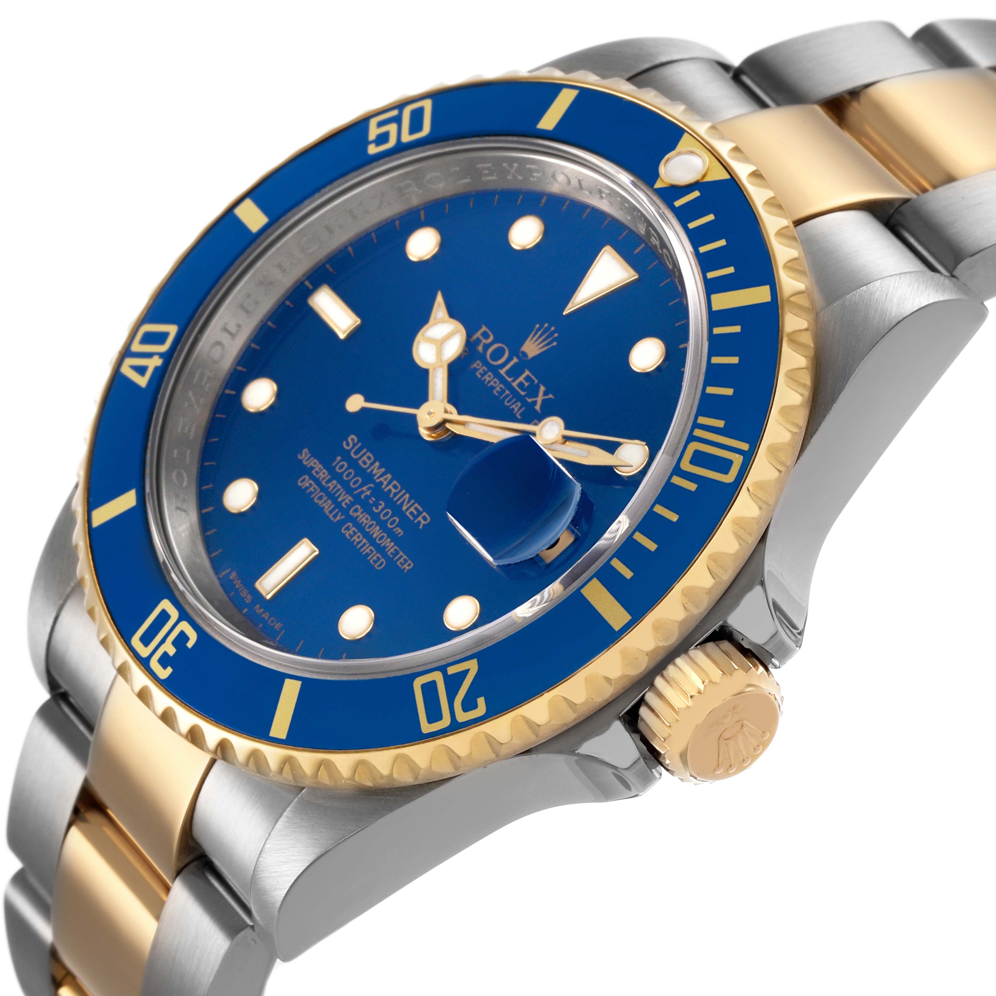 The Rolex Submariner 16613 Men's Steel and Gold (two tone) Blue Dial is shown at an angle, highlighting the dial, bezel, crown, and part of the bracelet.