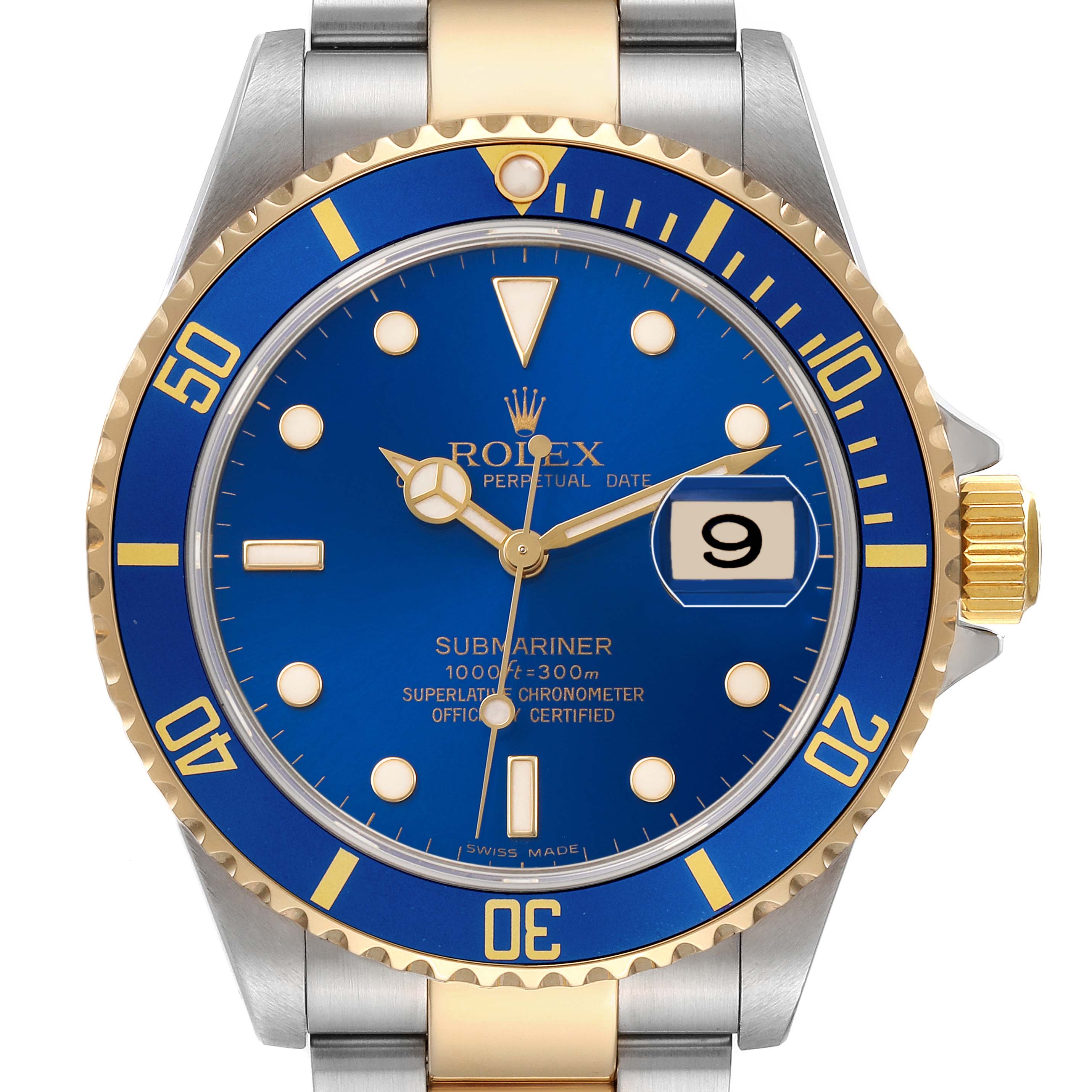 The Rolex Submariner 16613 Men's Steel and Gold (two tone) Blue Dial watch is shown from the front, highlighting its blue dial, bezel, and two-tone bracelet.
