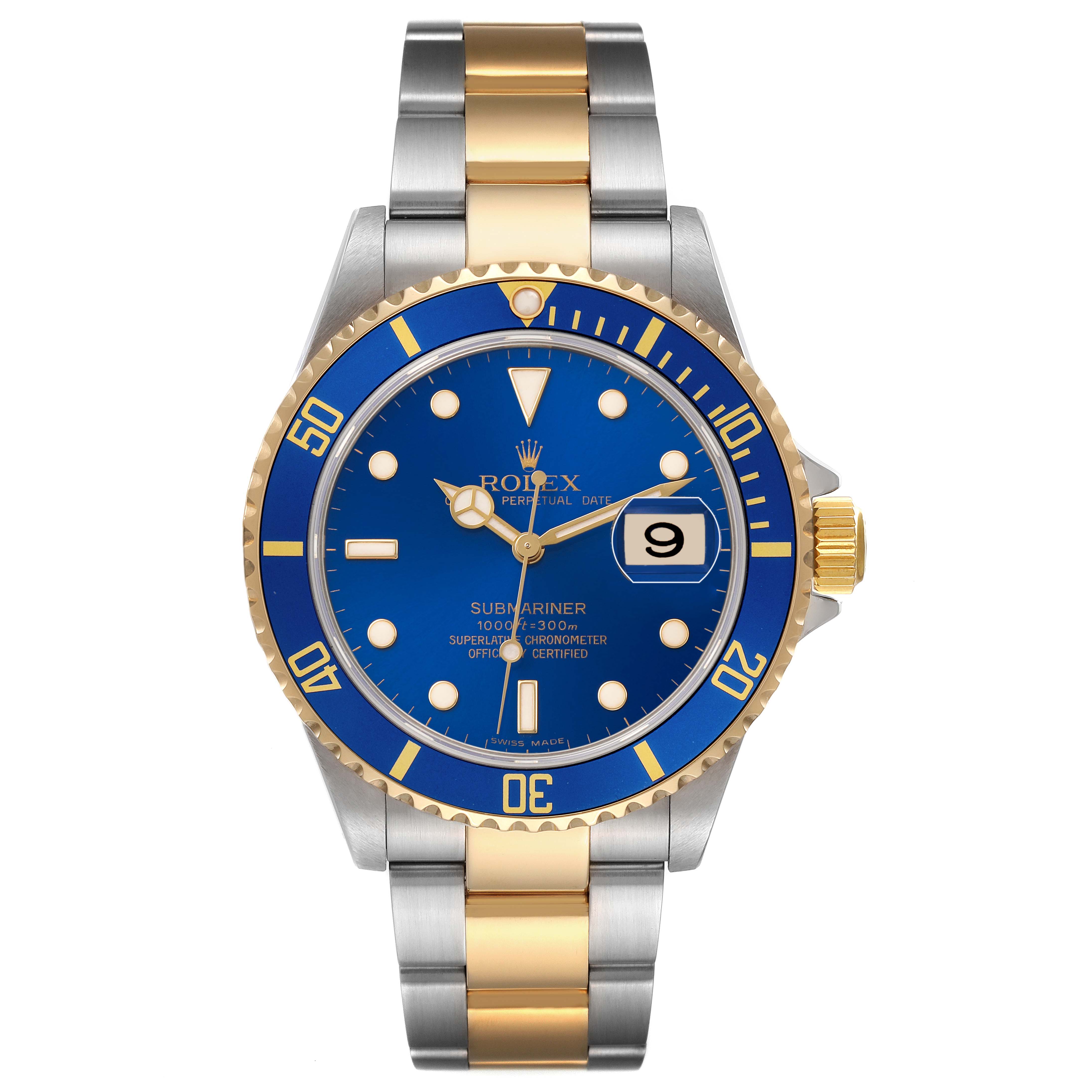 The image shows a frontal view of a Rolex Submariner 16613 Men's Steel and Gold (two tone) Blue Dial, highlighting the blue dial, gold bezel, and two-tone bracelet.