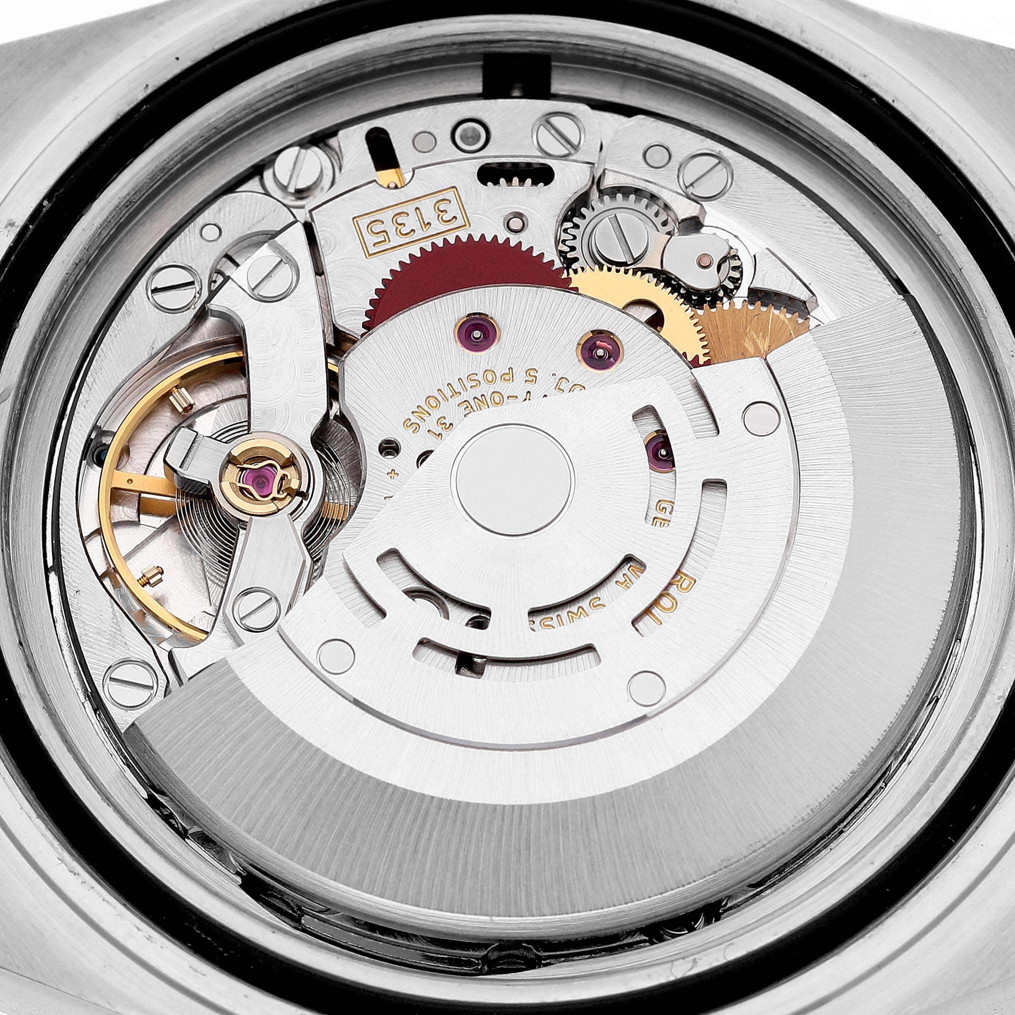 The image shows the detailed movement of a Rolex Submariner 16613 Men's Steel and Gold (two tone) Blue Dial watch viewed from the back.