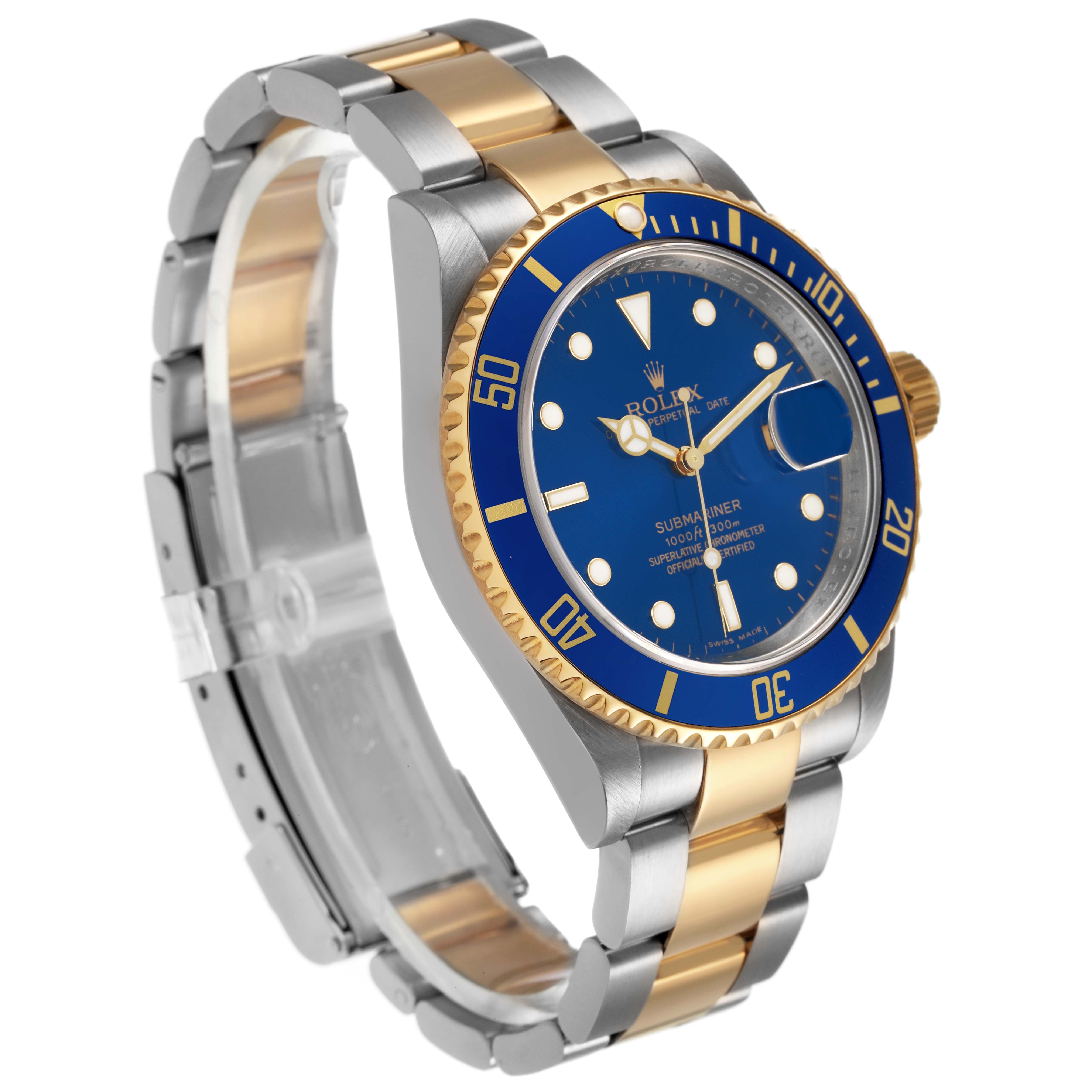The Rolex Submariner 16613 Men's Steel and Gold (two tone) Blue Dial is shown at a three-quarter angle, highlighting the bezel, dial, and two-tone bracelet.