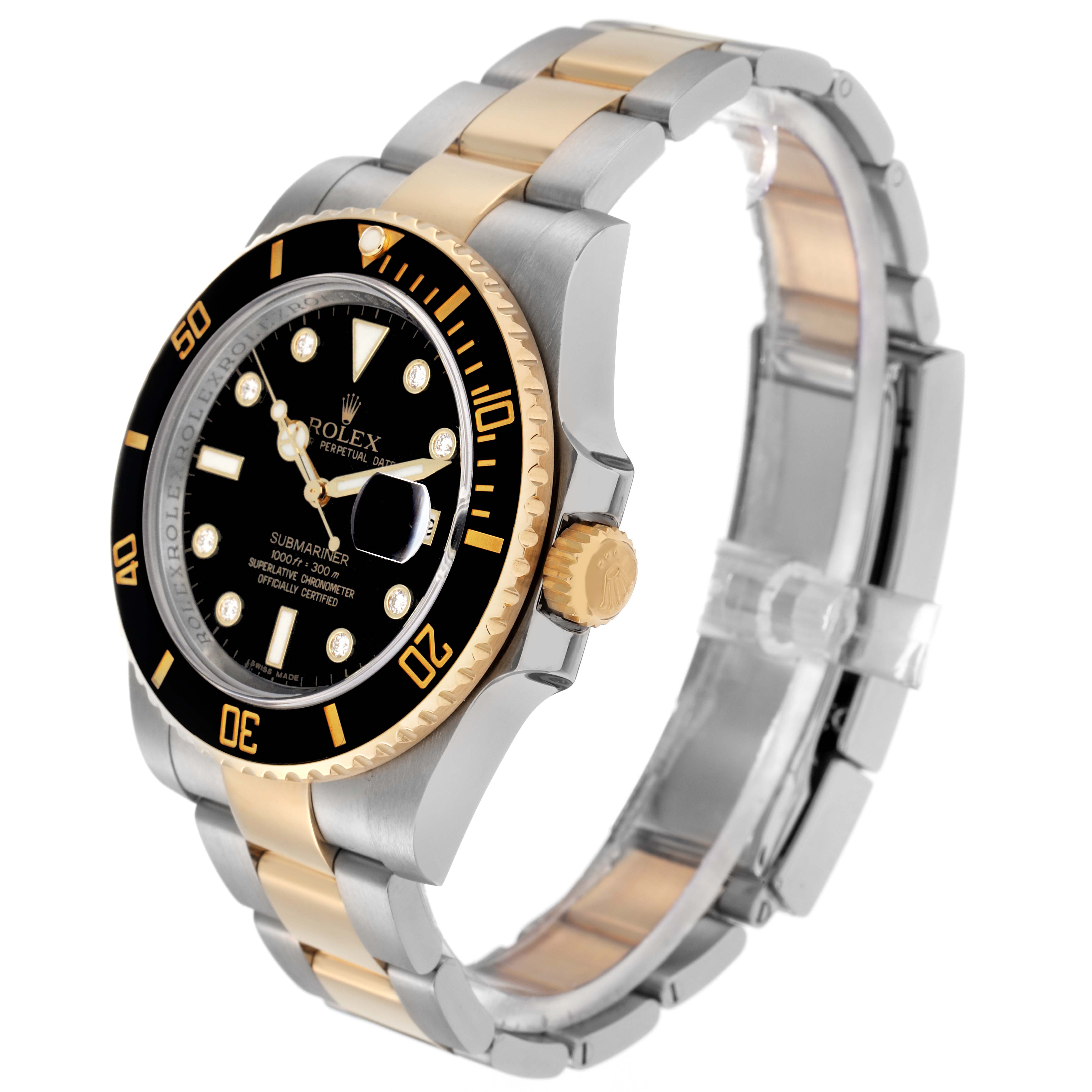 The Rolex Submariner 116613 Men
s Steel and Gold (two tone) Black Dial 116613 Men
s Steel and Gold (two tone) Black Dial is shown at a slight angle, displaying the face, bezel, case, crown, and two-tone bracelet.