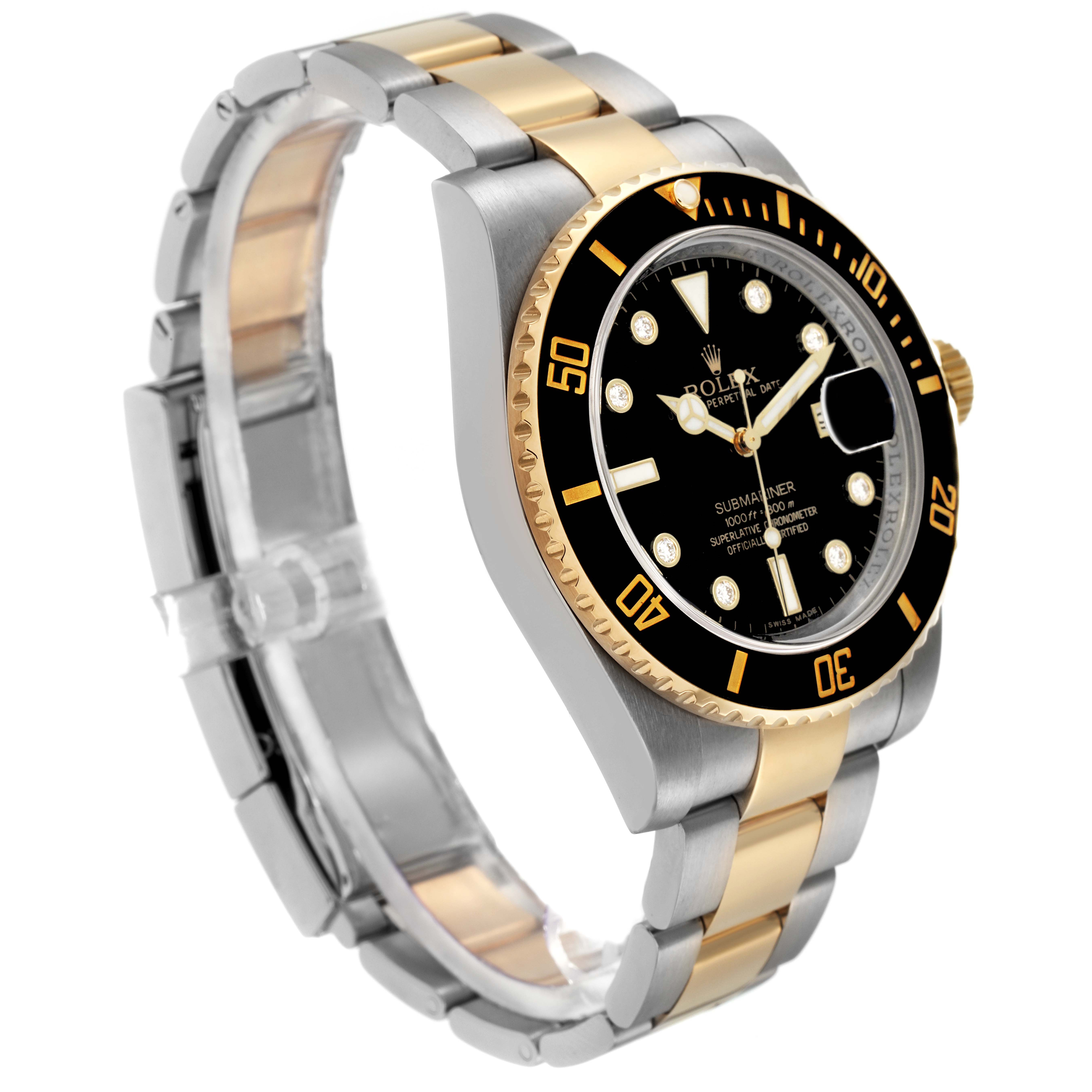 The Rolex Submariner 116613 Men
s Steel and Gold (two tone) Black Dial 116613 Men
s Steel and Gold (two tone) Black Dial watch is shown from a three-quarter angle, highlighting the face, bezel, and two-tone bracelet.