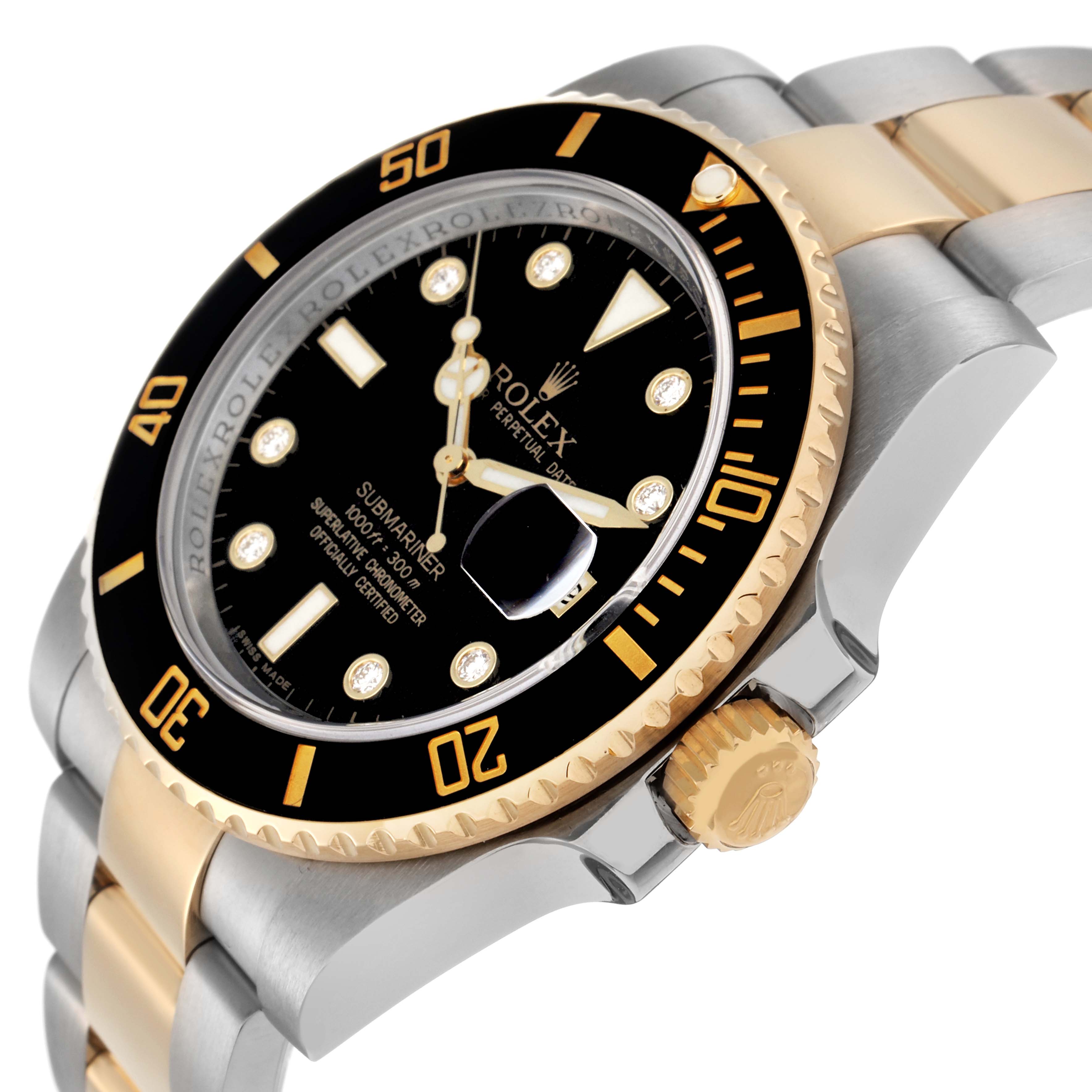 The Rolex Submariner 116613 Men
s Steel and Gold (two tone) Black Dial 116613 Men
s Steel and Gold (two tone) Black Dial watch is shown at a side angle, highlighting the black dial, gold bezel, and two-tone bracelet.