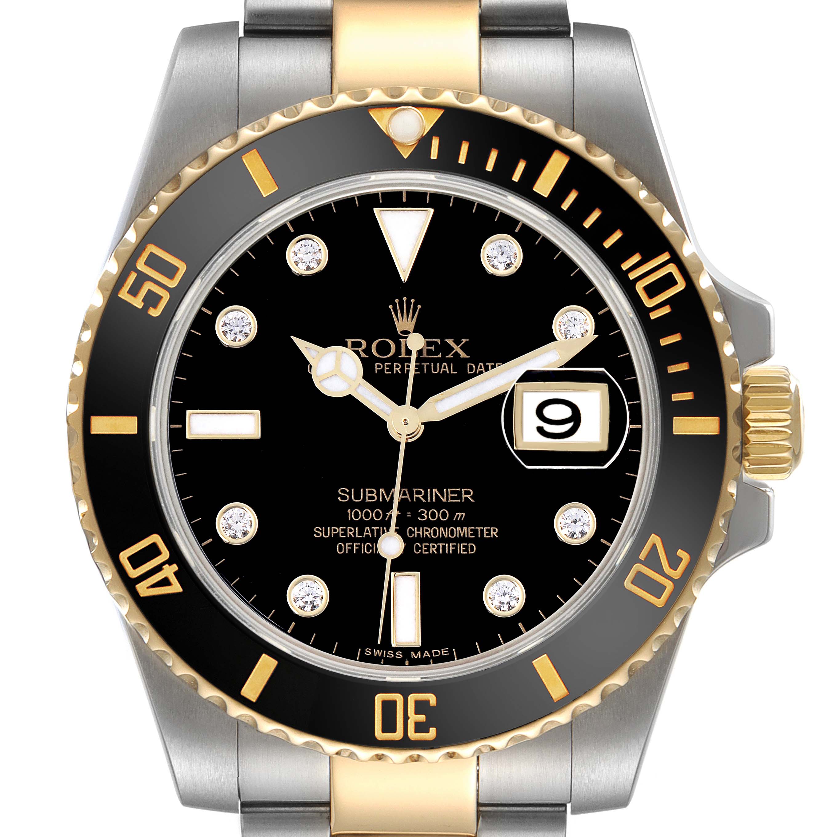 The image shows a front view of the Rolex Submariner 116613 Men
s Steel and Gold (two tone) Black Dial 116613 Men
s Steel and Gold (two tone) Black Dial, highlighting the dial, bezel, and crown.